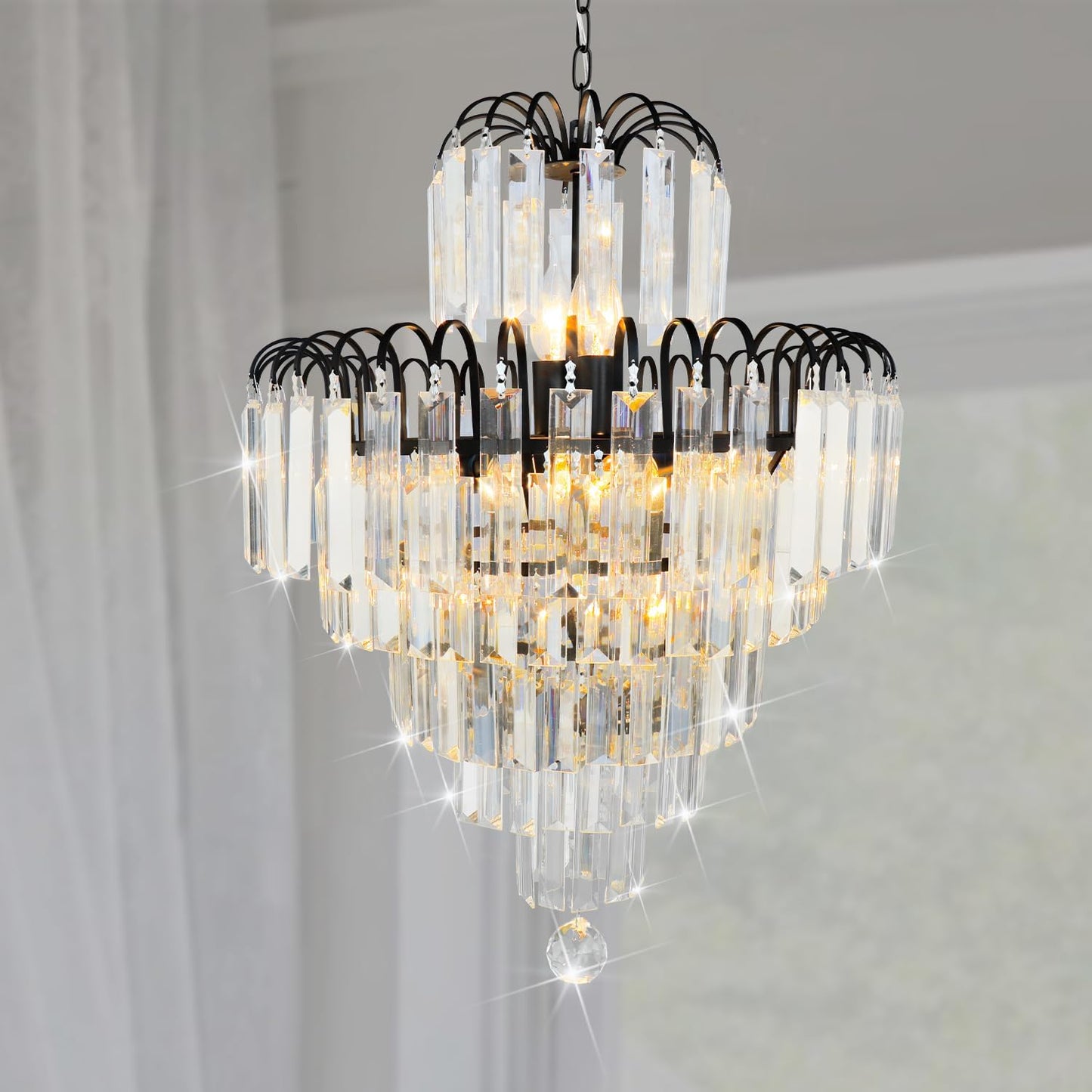 CRYSTOP Black Round Living Room Light Fixture,5-Tiers Pendant Crystal Chandelier, Modern Semi Flush Mount Ceiling Crystal Lamp Perfectly Bedroom,