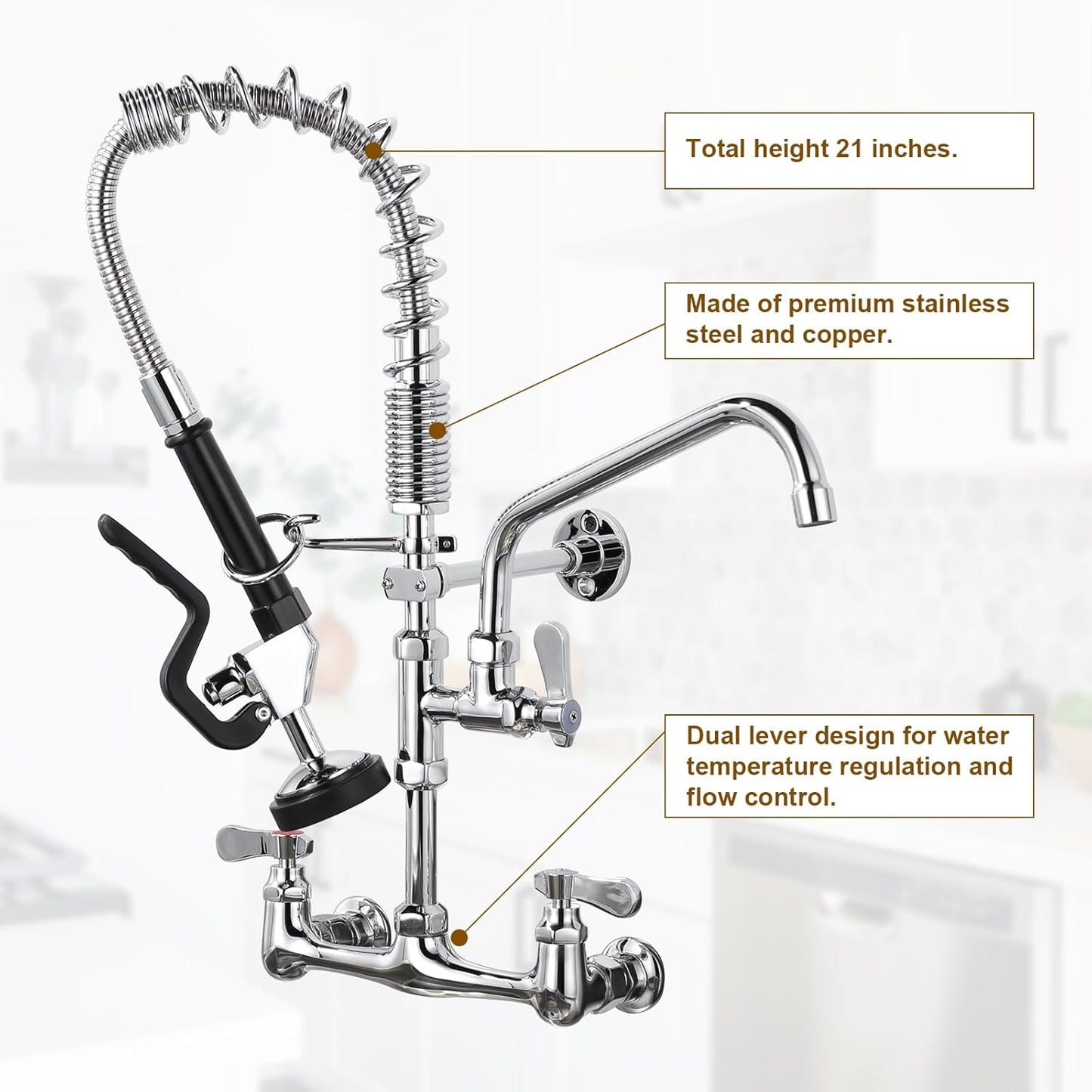 ALEASHA 21 Inches Commercial Faucet with Sprayer, Commercial Sink Faucet with 8 Inches Adjustable Center for Restaurant Indus