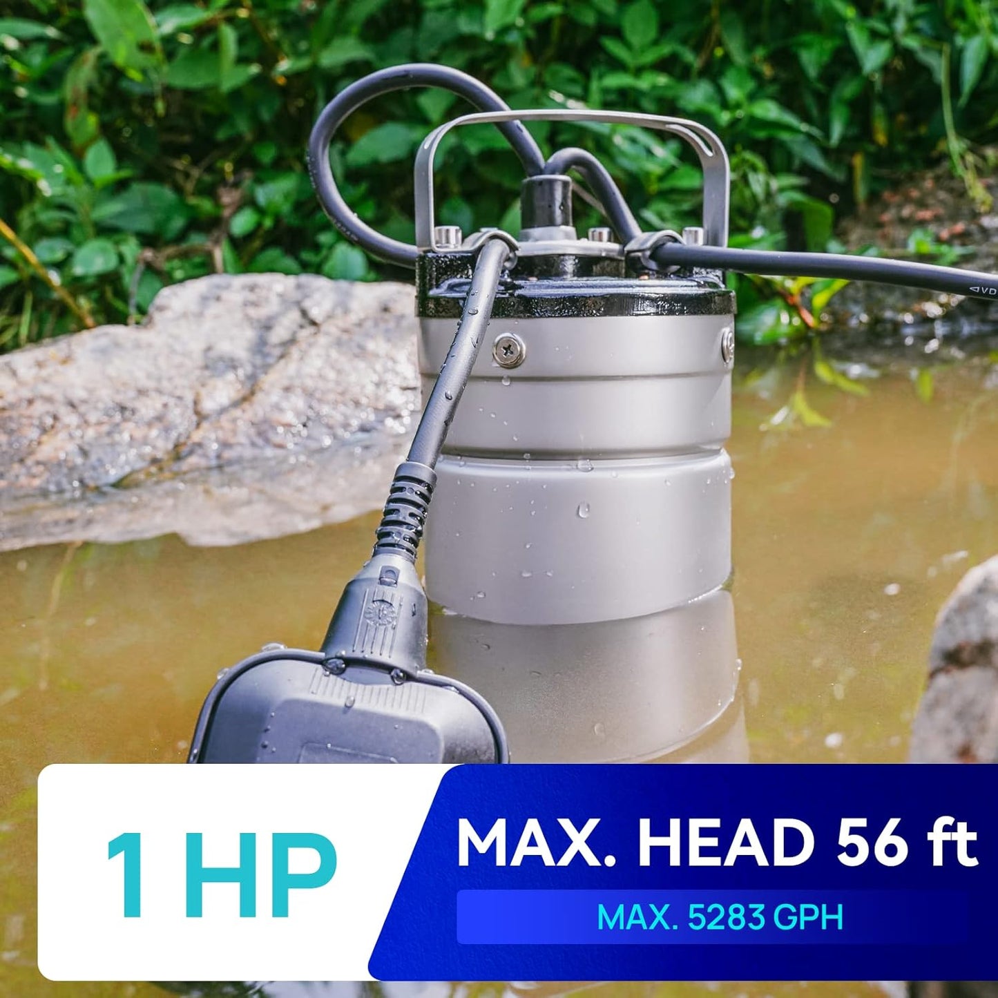 Aquastrong 1HP Submersible Sewage Sump Pump - Stainless Steel Construction, 5180GPH, Tethered Float Switch