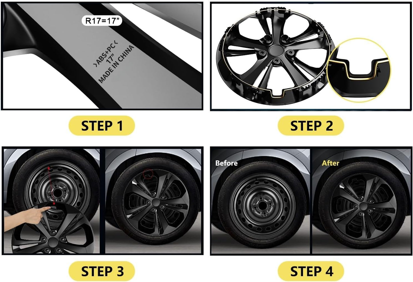 17-Inch Hubcaps Compatible with Chevy Trax LS 2024–2026 | Easy Snap-On ABS Hubcaps | Stylish OEM Replacement for Factory Steel Wheels；Set of 4 Wheel Covers (Black)