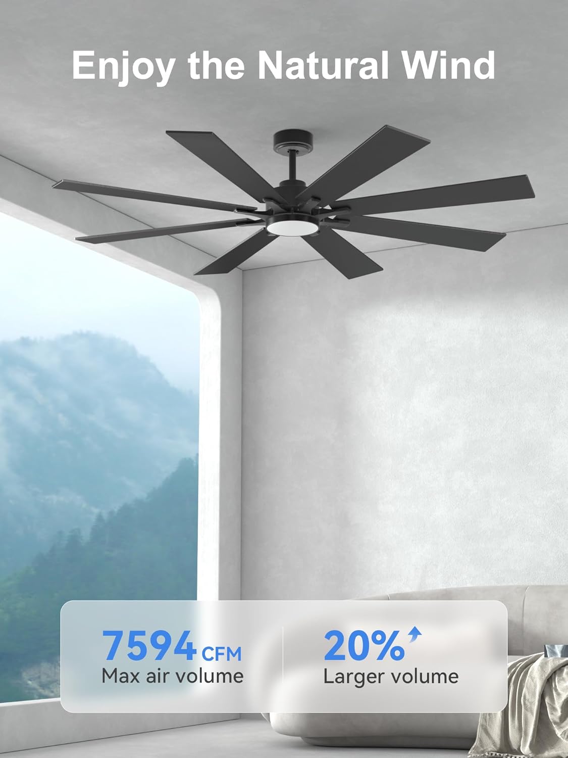 62 Inch Ceiling Fans with Lights Modern Industrial Ceiling Fan with Quiet DC Motor Black Indoor/ Outdoor Ceiling Fan with Remote, 5CCT Dimmable,