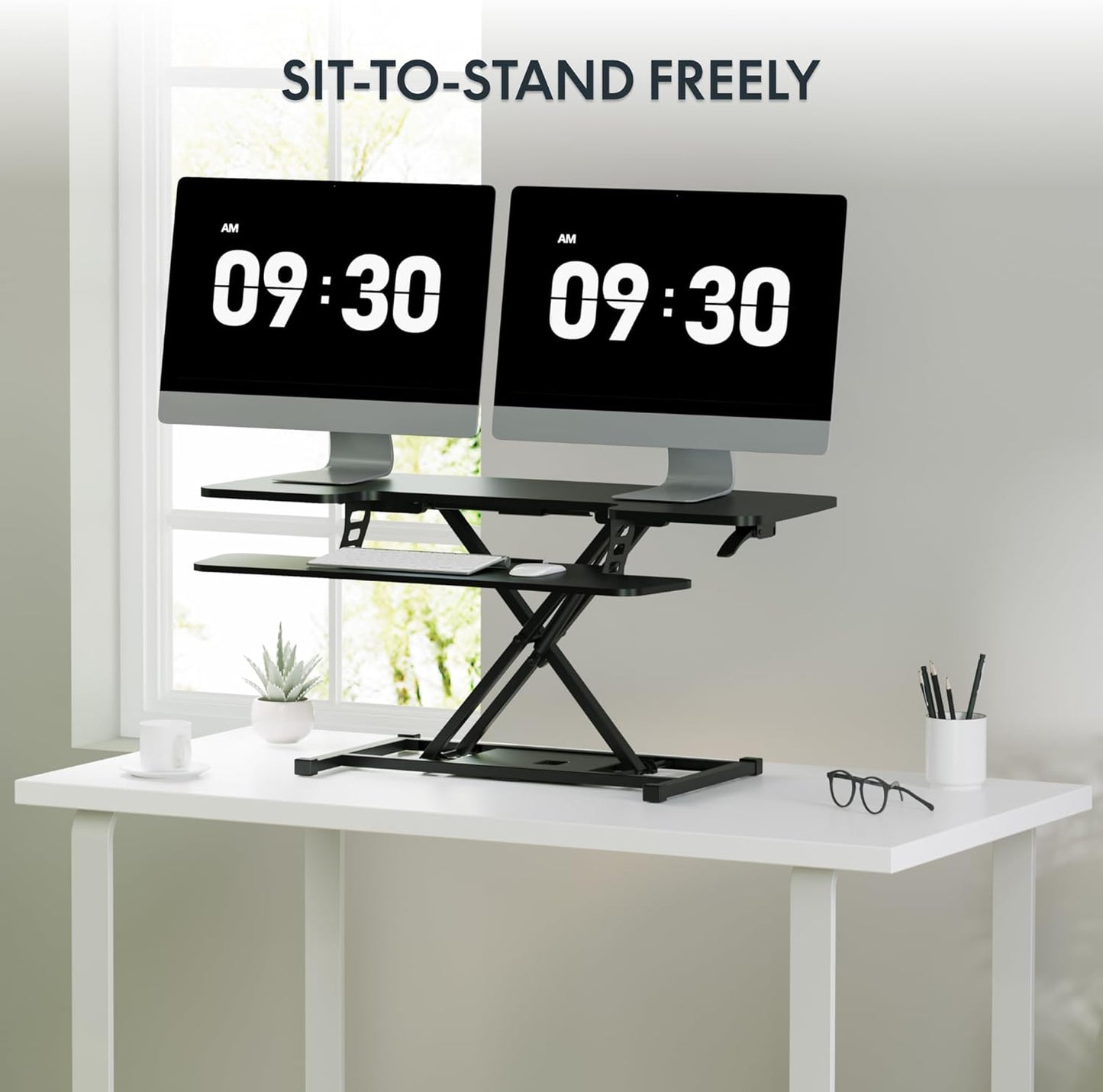 42 inch Desk Converter Laptop Workstation, Sit to Stand Dual Monitor with Wide Keyboard Tray