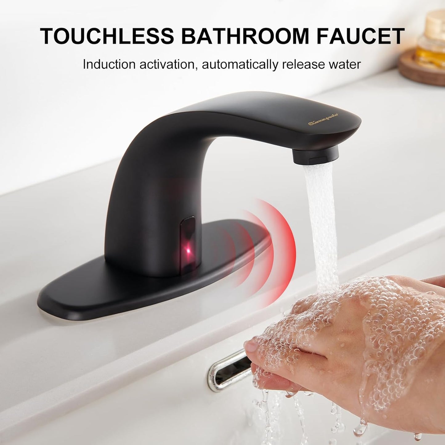 Touchless Bathroom Sink Faucet with Hole Cover Plate, Matte Black (Matte Black)