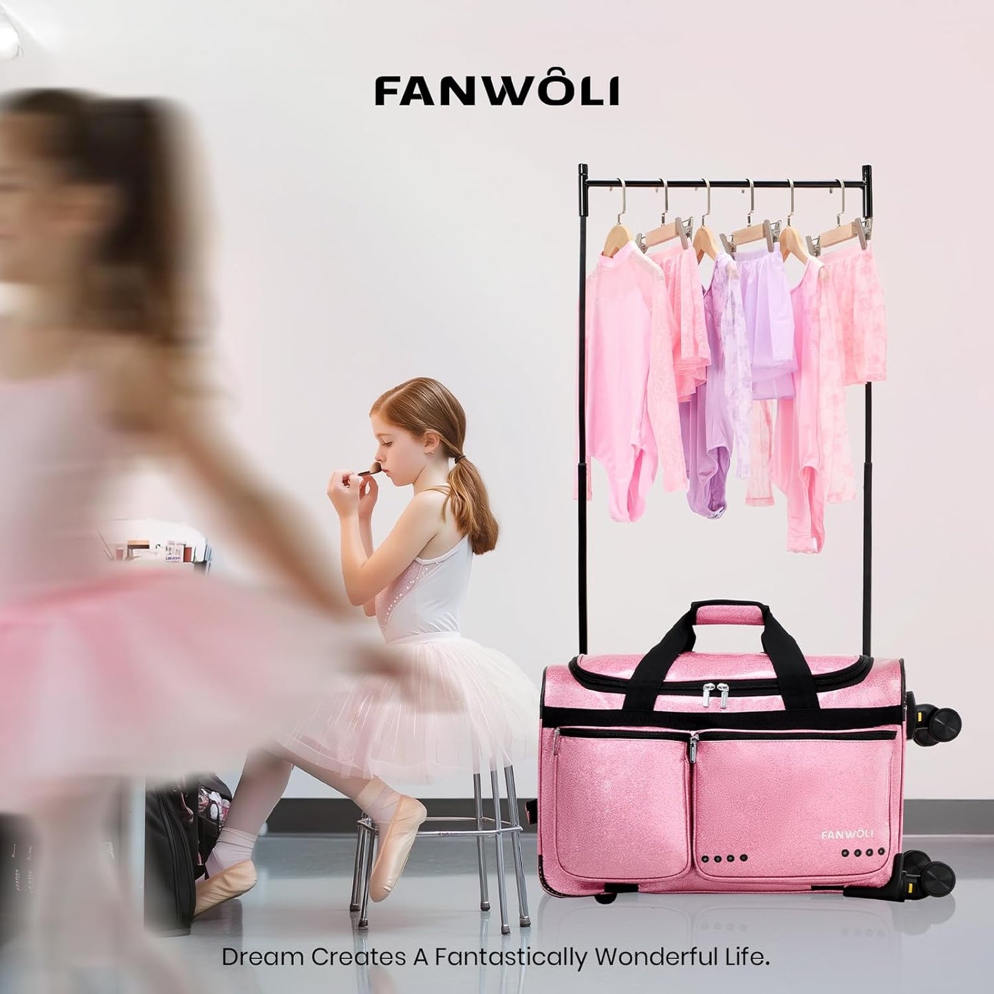 Fanwoli 23" Rolling Dance Duffel Bag with Garment Rack | Detachable 4-Spinner Wheels | Waterproof Glitter Fabric | Competition Travel Luggage for Cheerleader, Skating, Gymnast & Sleepover | Pink Sparkling Pink