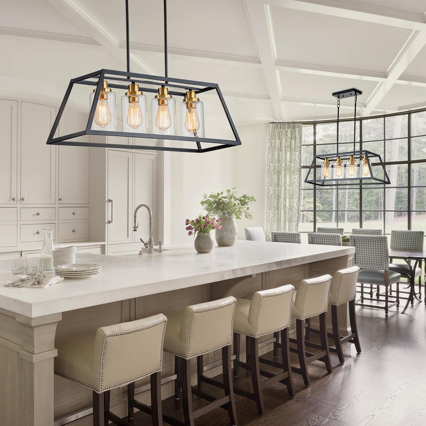 Farmhouse Chandeliers for Dining Room Rustic Kitchen Island Light Fixture 4-Light Linear Pendant Lighting Black Metal