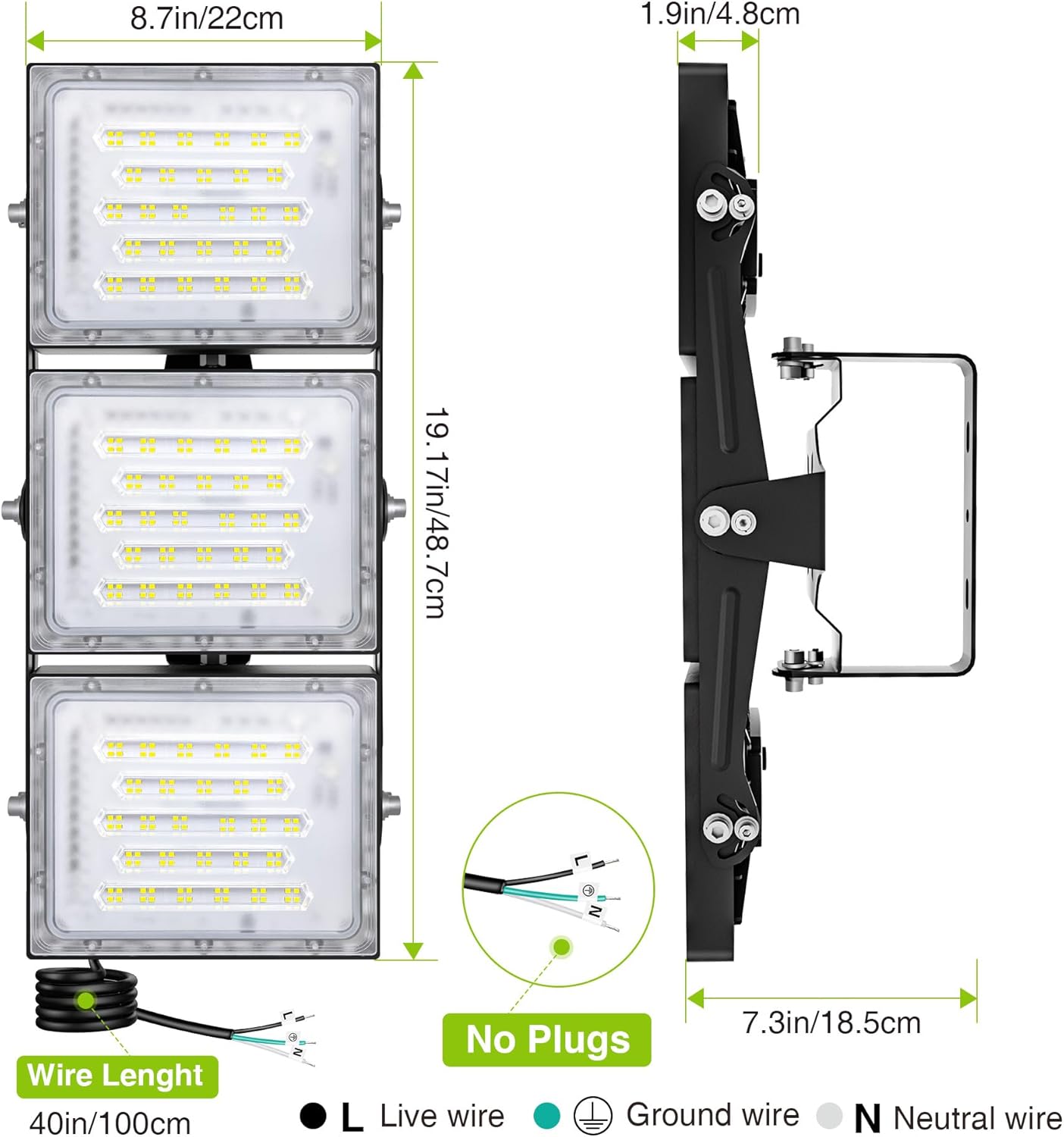 STASUN LED Flood Light Outdoor, 300W 30000lm 3000K Warm White IP66 Waterproof, Commercial Parking Lot Light,3 Heads for Yard Street Stadium House