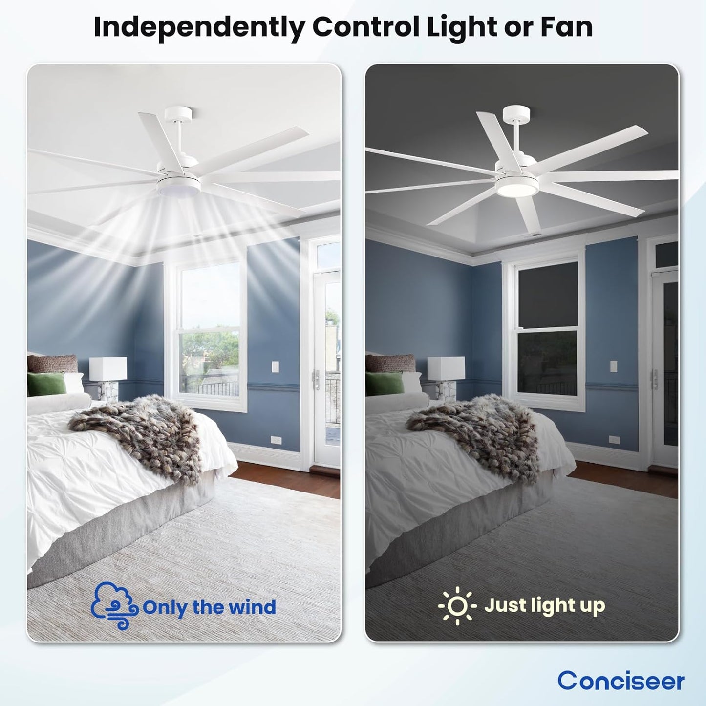 Conciseer Morden Ceiling Fans with Lights,72 Inch Ceiling Fans with Remote for Bedroom Living Room Kitchen, 8 Blades 6 Speed Reversible Quiet DC