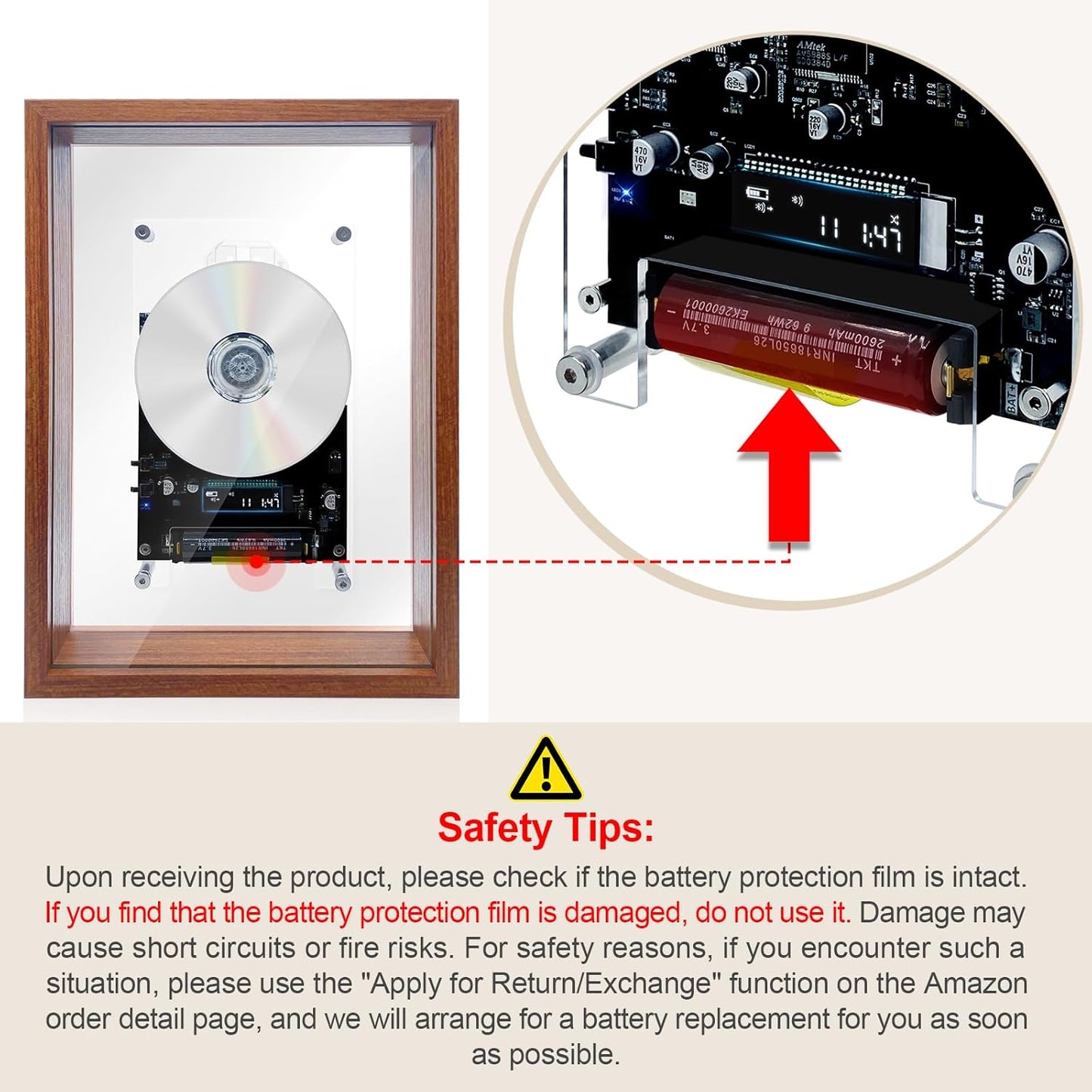 Decorative Wood Grain Frame CD Player, Retro & Fashionable Style with BT Pairing, 4-Hour Battery Wall/Tabletop Dual Use, for Birthday Christmas Housewarming (No CD or Speaker)