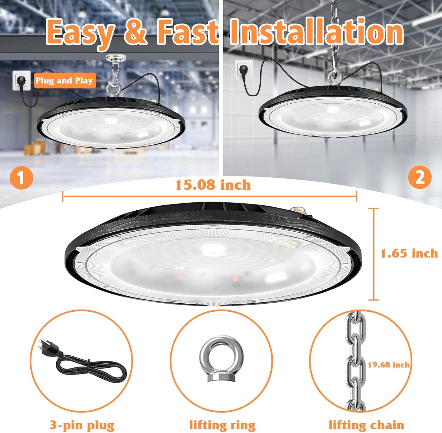 LED High Bay Light, 200W High Bay LED Shop Lights 28000LM 5000K, UFO LED High Bay Light for Garage Warehouse Workshop Factory Gym Barn, 5Ft Power