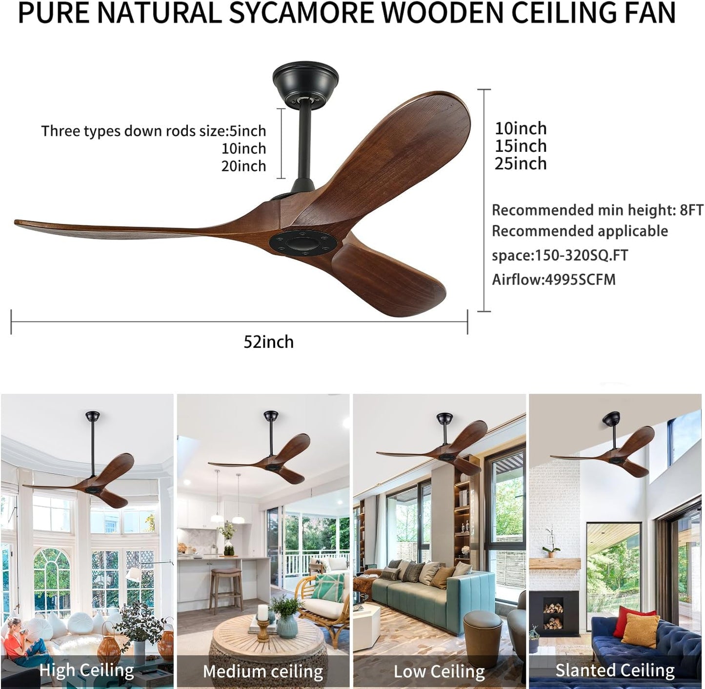 Outdoor Ceiling Fans Without Lights. 52 INCH, 3 Blades Wood Ceiling Fan with No Light by Remote Control Waterproof for Indoor Outdoor,Black Walnut