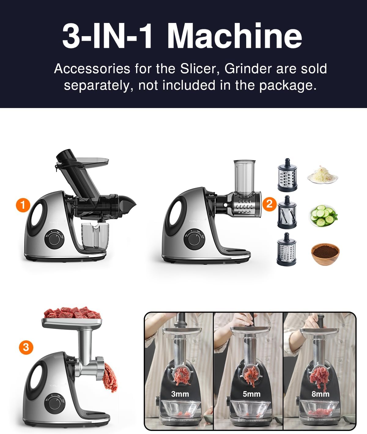 Juicer Machines, Vividmoo Masticating Juicer machines with 3-Inch Wide Chute, 2-Speed Modes & Reverse Function, Powerful Fruit Cold Press Juicer,