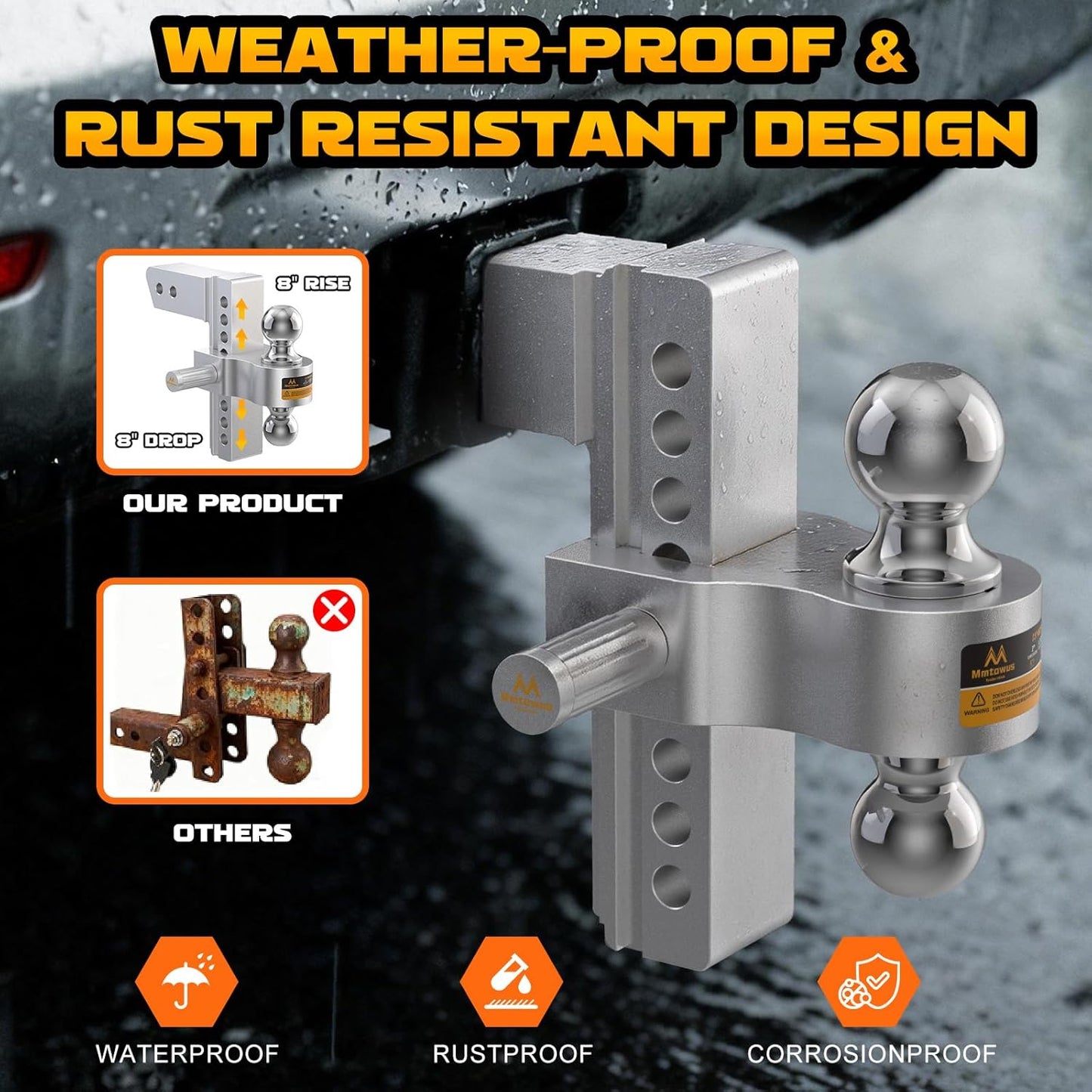 Adjustable Trailer Hitch -Drop Hitch 2.5 Inch Receiver, Aluminum Tow Hitch with 8" Drop/Rise, Dual Ball Mount (2" & 2-5/16") Ball Hitches for Truck, Weatherproof 2X Anti-Theft Hitch Pin Locks