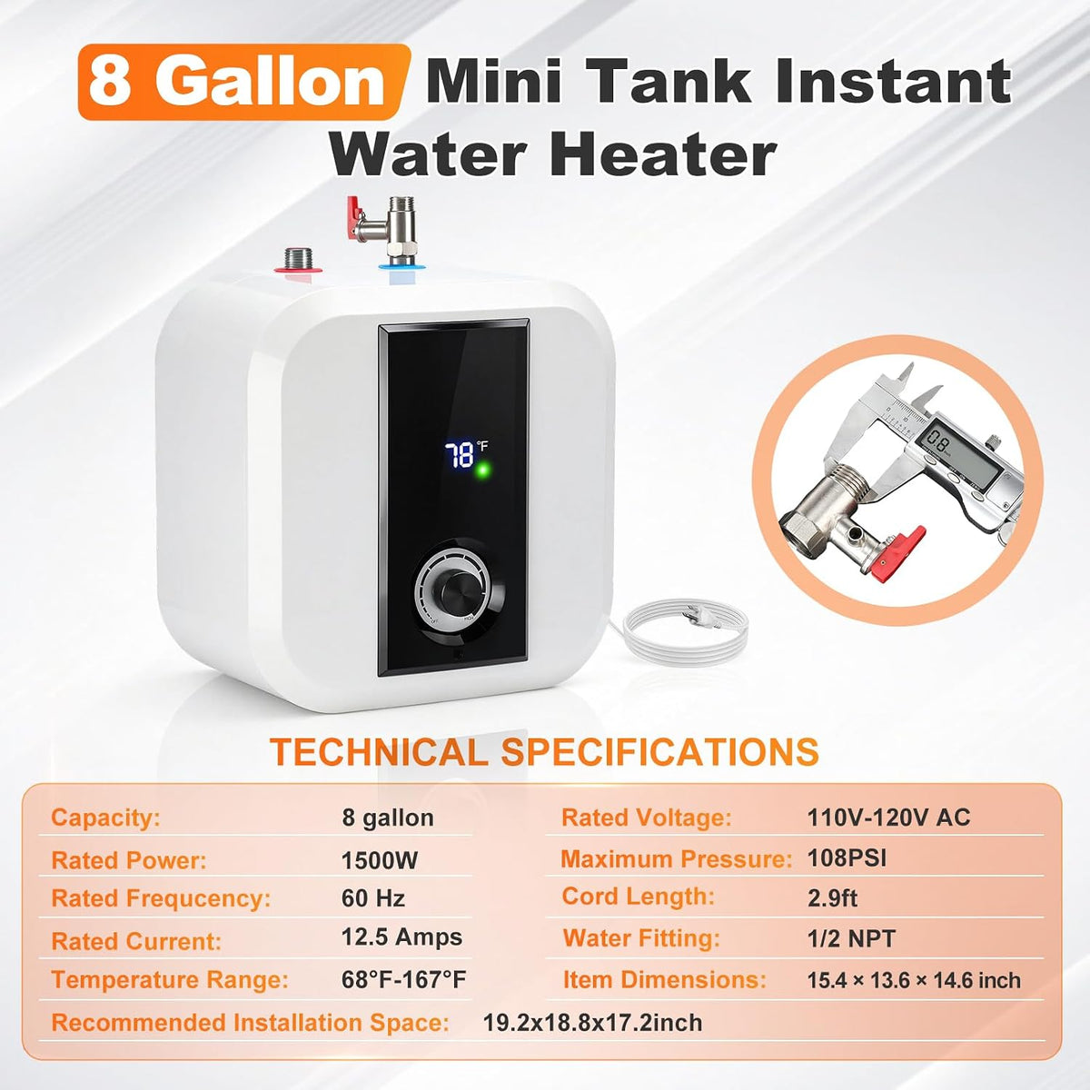 30L Under-Sink Water Heater, 8-Gal Electric Tank Water Heater