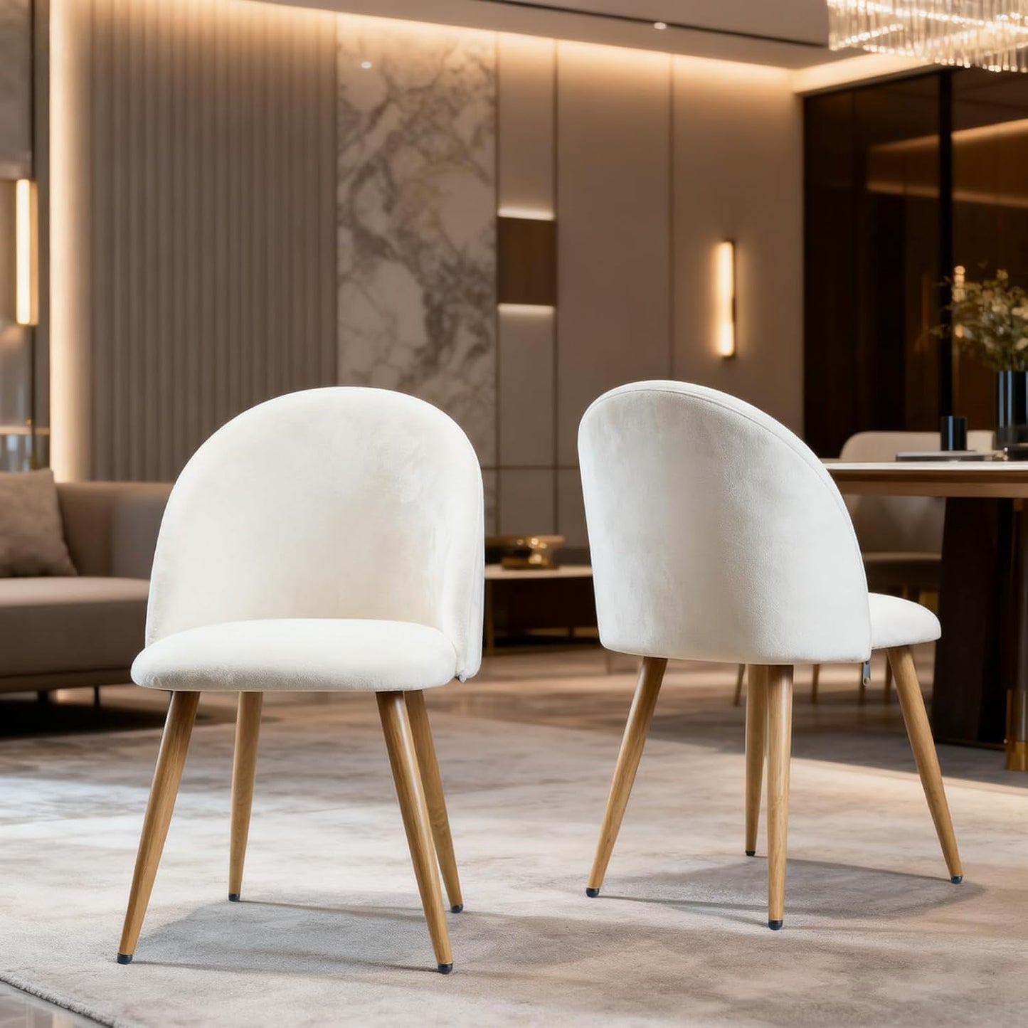 Lightdot Dining Chairs Set of 2, Velvet Comfortable Seats, Mid-Century Modern Living Room Chairs, Upholstered Kitchen Chairs with Wooden Legs and Padded Seat for Bedroom Office, Easy Assembly, Beige