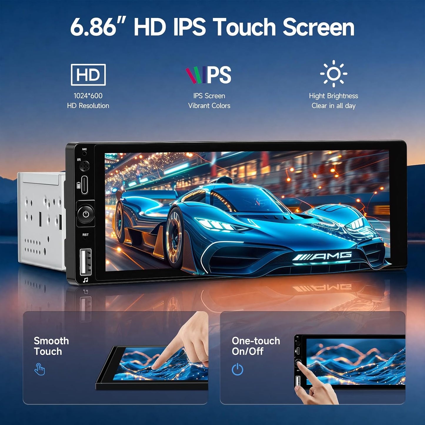 6.86" Car Stereo Single Din Car Radio with Apple Carplay & Android Auto | Wired Mirror Link, Bluetooth 5.1, IPS Touchscreen, HD Night Vision Backup Camera, FM Radio, EQ, SWC,USB&Type-C Fast Charging