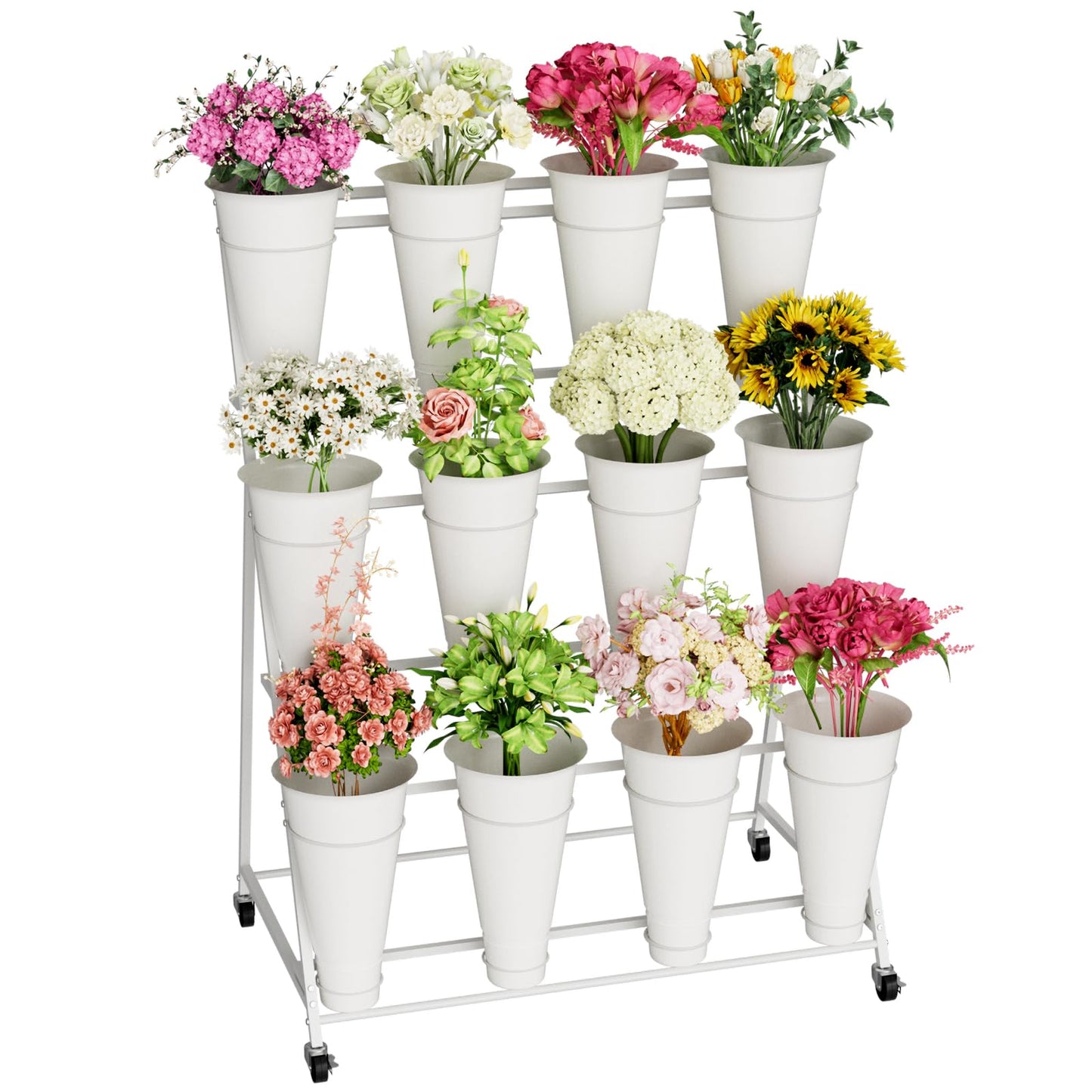 Flower Stand, 3 Tier Flower Display Stand with 12 Buckets, Upgrade Double Circle No Shaking, Outdoor Flower Cart with Wheels for Patio, Garden, Shop, Wedding, Party, Exhibition, Indoor, White