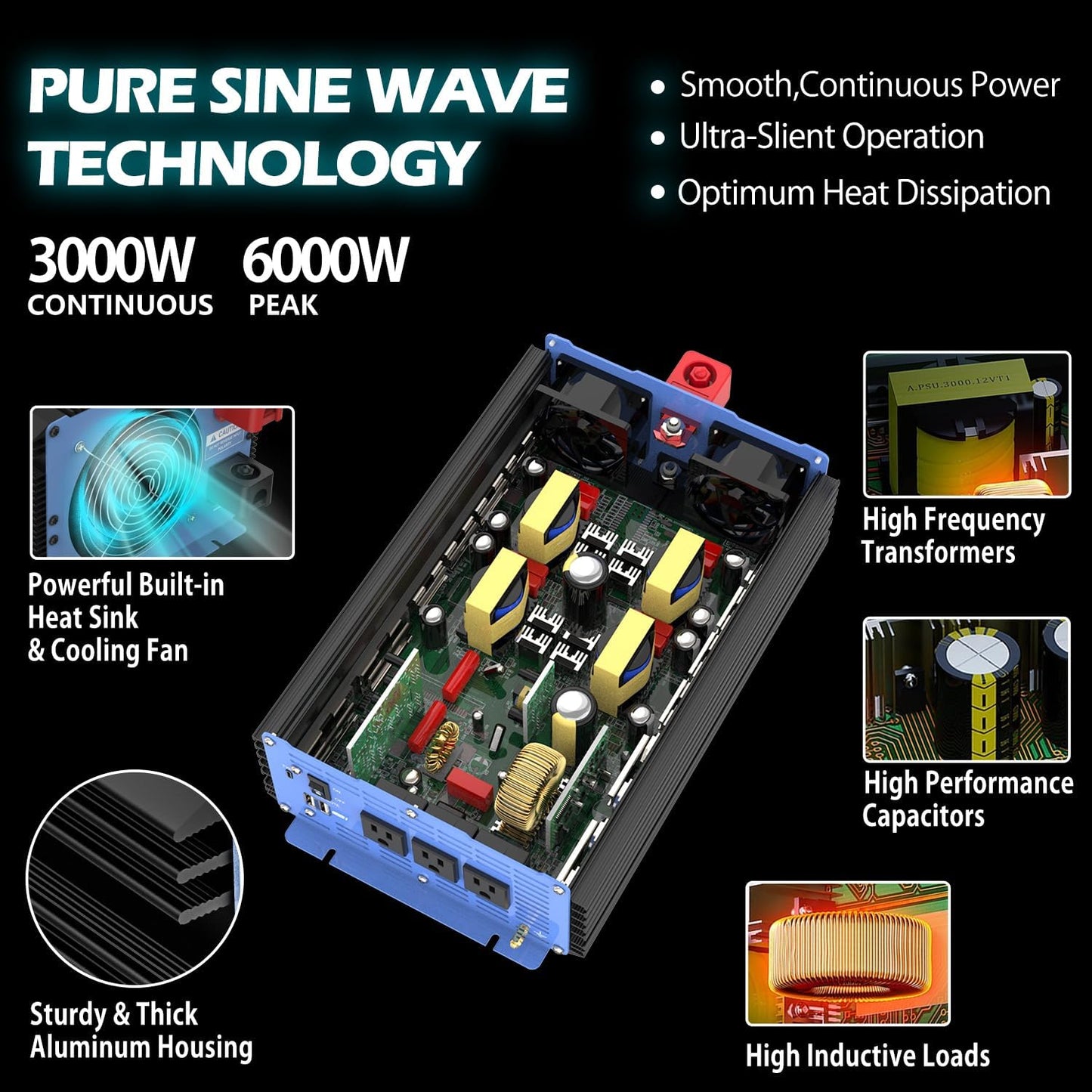 Pure Sine Wave Inverter 3000 Watt Pro, Home DC 12V to AC 110V 120V Power Car Converter with Three Sockets, Dual USB Port, Type-C Port, LCD Display,