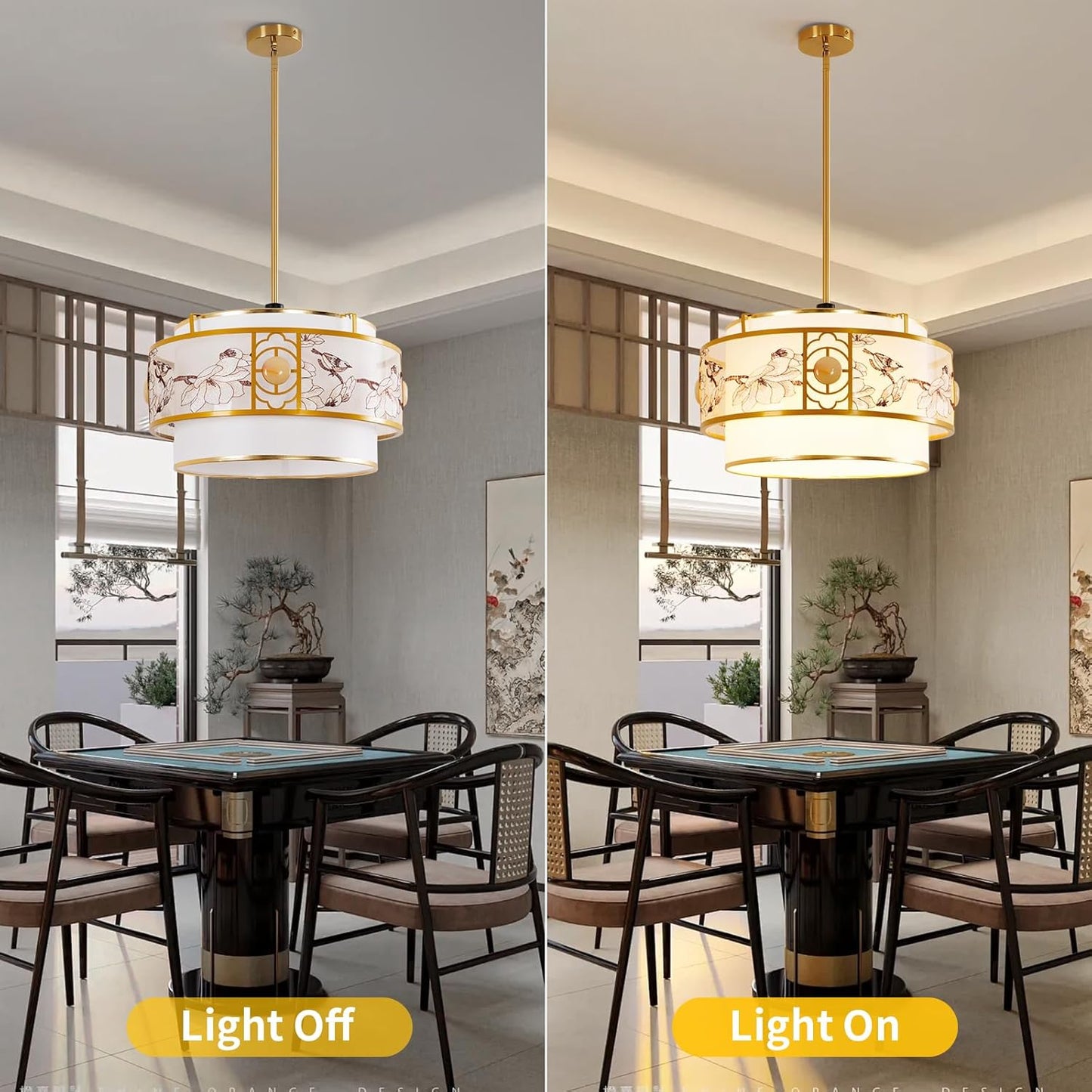 Modern Classic - Drum-Shaped Chandelier, 19.6-inch Round cage-Style lamp, with White and Gold finishes.