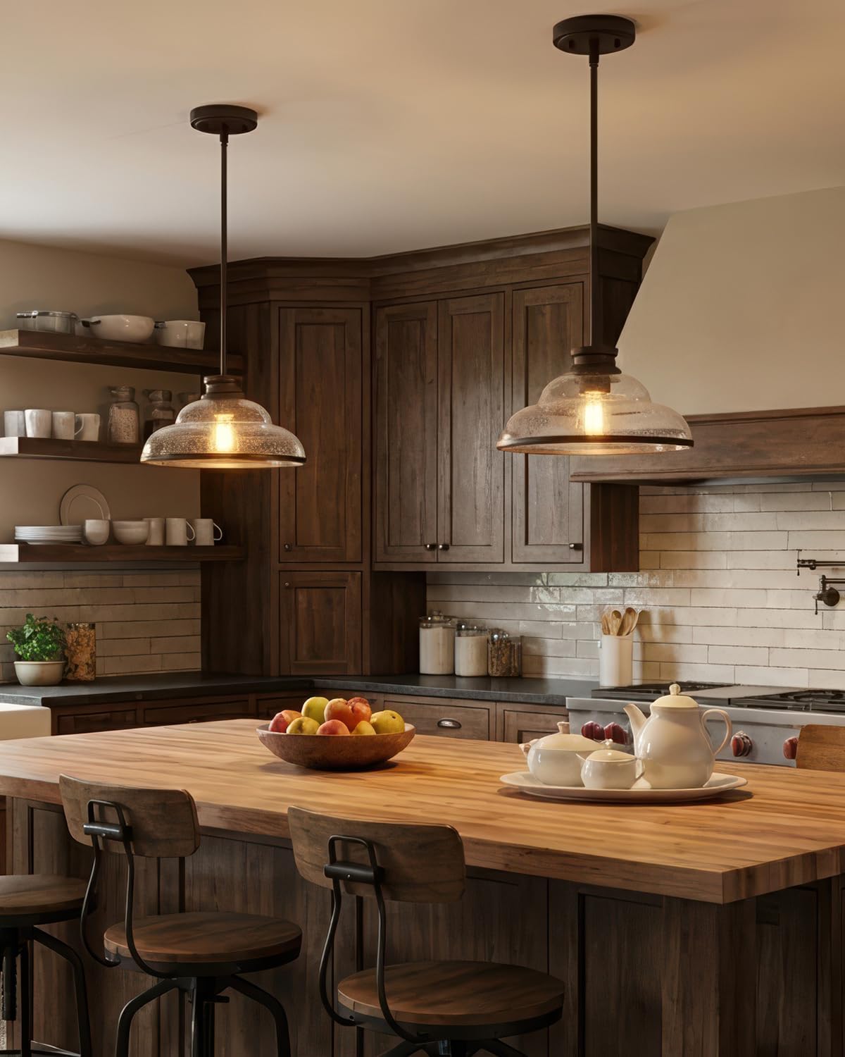 kudos 2 Pack Pendant Lights Kitchen Island, 11" Oil Rubbed Bronze Kitchen Island Lighting with Seeded Glass Shade, Farmhouse Hanging Light Fixture for Kitchen Sink Dining Room Hallways, KDPL14-ORB-2PK