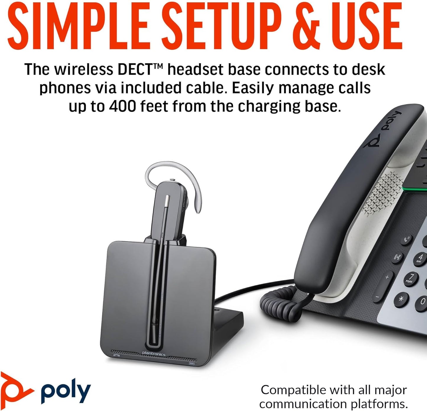 Poly CS540 Wireless DECT Headset with HL10 Lifter (Plantronics) - Single Ear (Mono) Convertible (3 wearing styles) - Connects to Desk Phone - Noise