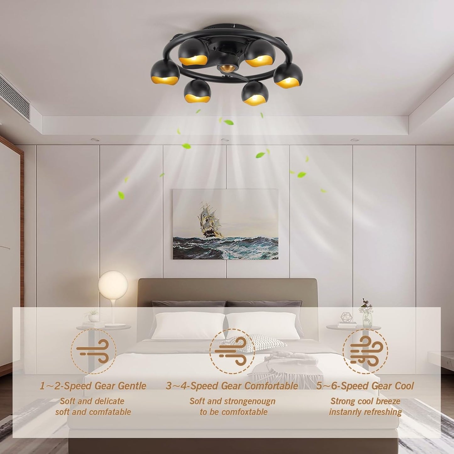 HLMRCHEN Ceiling Fans with Lights and Remote Black Low Profile Modern Flush Mount Small Bedroom Ceiling Fan for Kitchen Livin