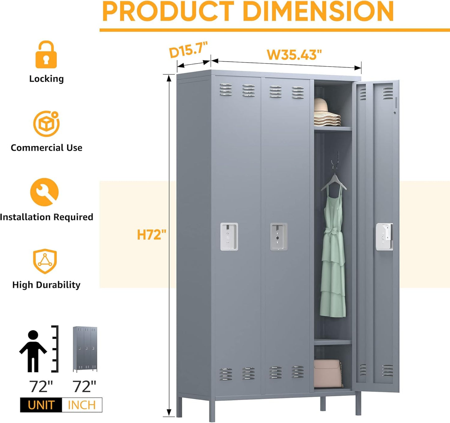 SUXXAN Metal Lockers for Employee, 72&#34; Tall Employee Locker with 3 Doors, Lockers for Storage in Gyms, Homes, Garages, and Offices with Hooks