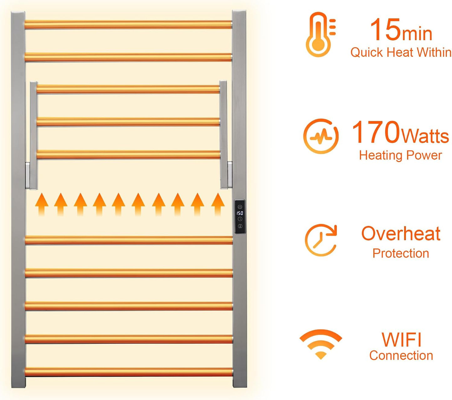 Heated Towel Warmer Rack Electric Bathroom with Voice Control Alexa & Google Home,TUYA Wall-Mounted,Stainless Steel,31.5x19.69x11.61in,Foldable Storage,Plug-in,Brushed,10 Bars 10 Bar Brushed With Wifi & Shelf