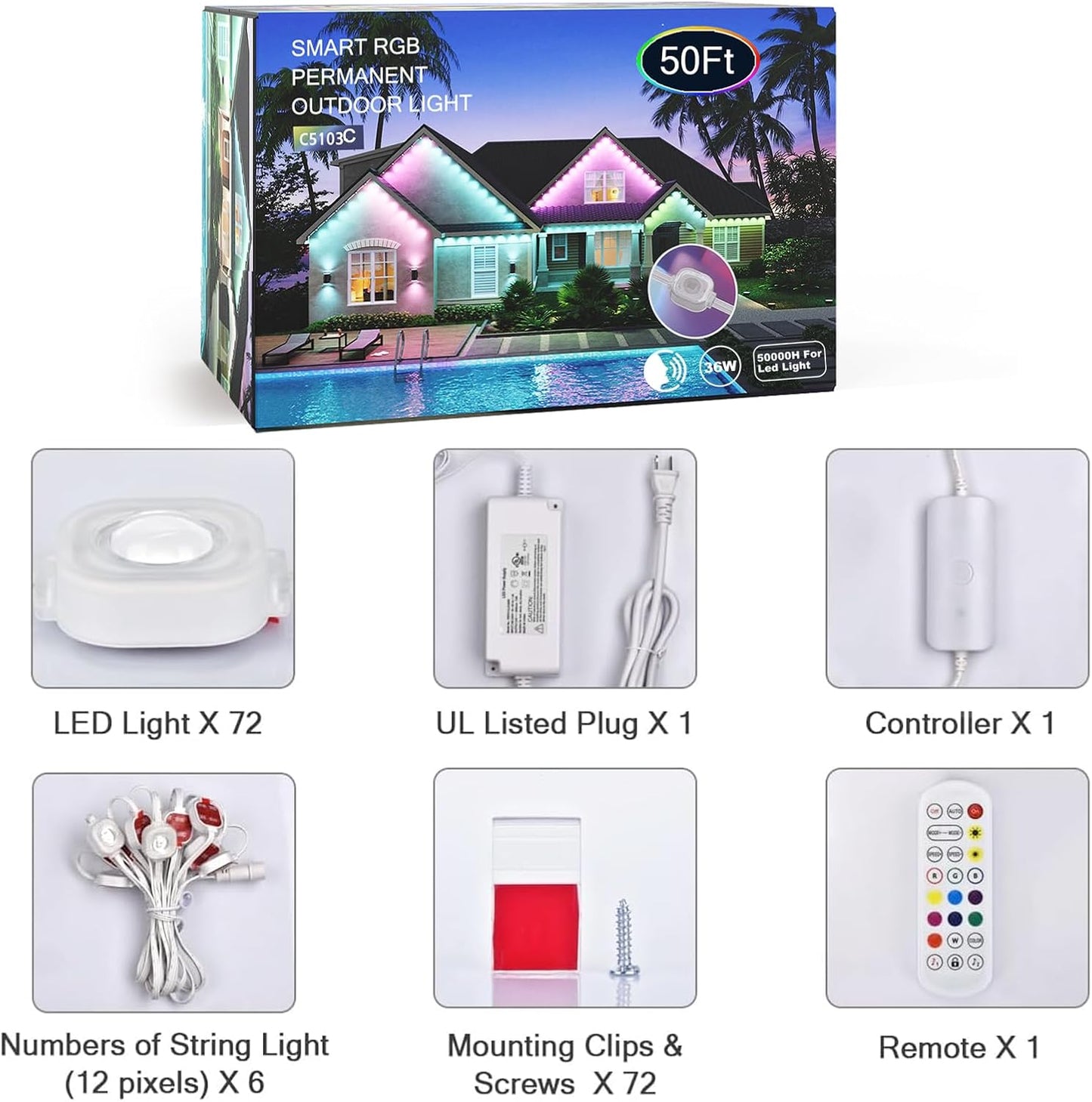 50FT Permanent Outdoor Lights, Smart RGB Color-Changing LED Eaves Lights, Waterproof Exterior Lights for House Trim, App Control, Perfect for Game