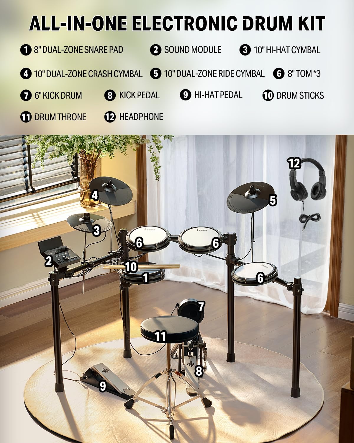 Donner Electric Drum Set for Beginners, Electronic Drum Kit with Quiet Mesh Pads, Bluetooth, Drumsticks, Throne, 5 Pads 3 Cymbals Digital Drum, DED-100(2026)