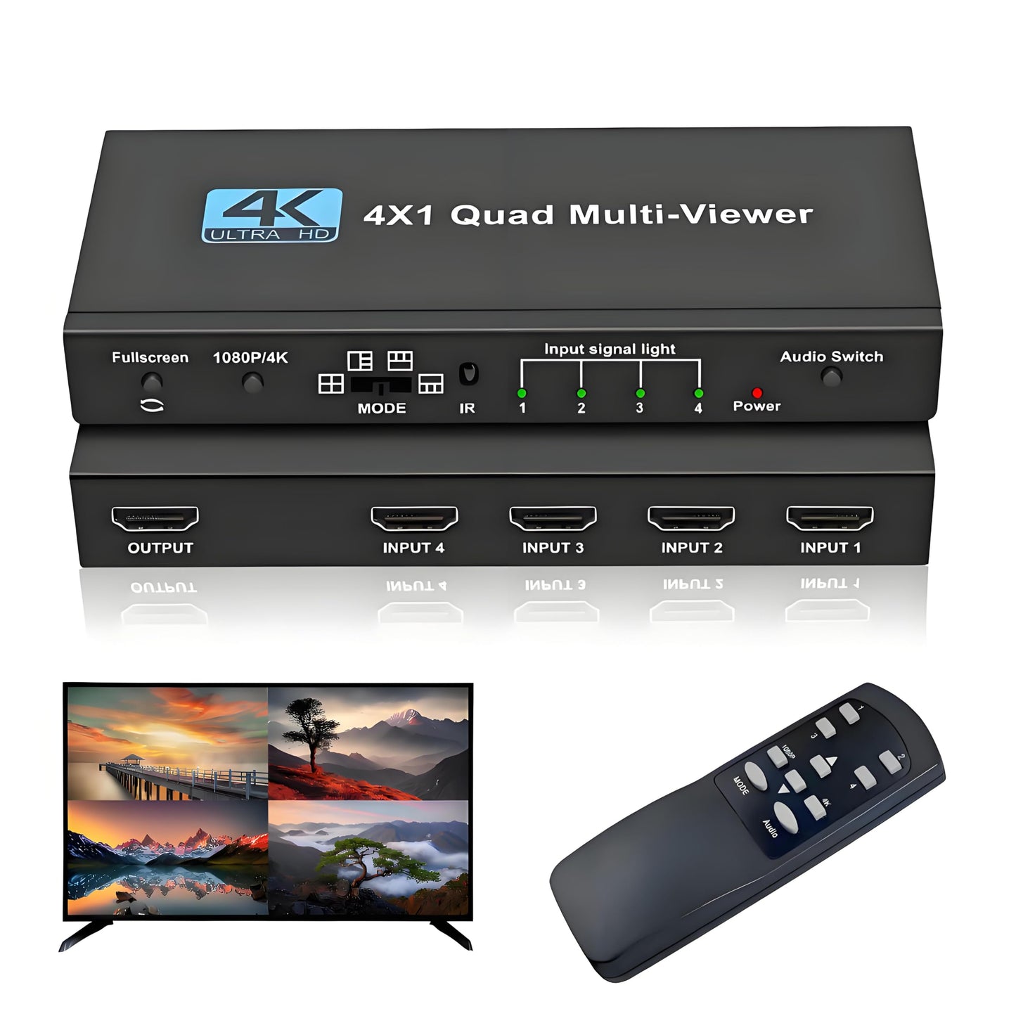 HDMI Multi-Viewer 4X1, Seamless Switcher 4 in 1 Out, Quad Multi Viewer Switcher with IR Remote, Supports 4K 30Hz, 1080P@60Hz, 5 Display Modes Multiviewer Switch for Security Camera, Gaming Consoles