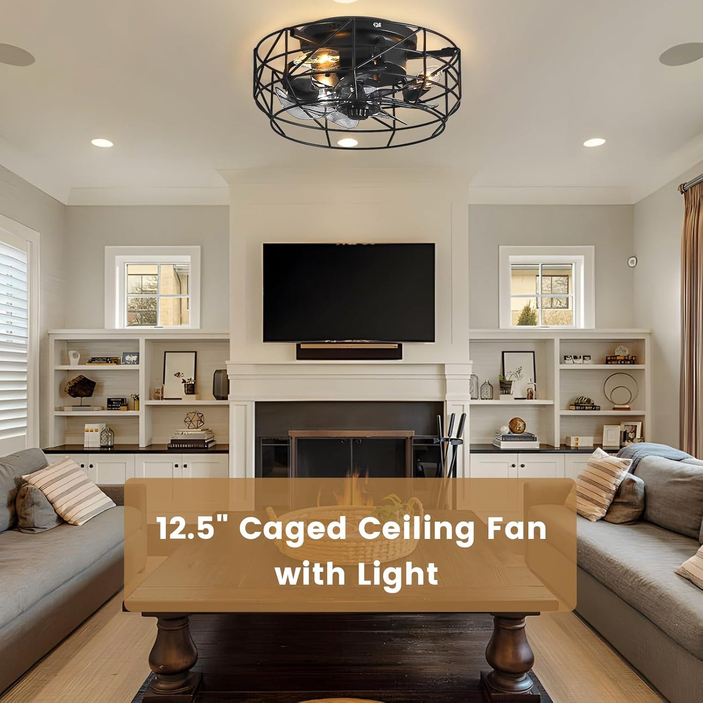 12.5' Caged Ceiling Fans with Lights and Remote, Flush Mount Bladeless Ceiling Fan Low Profile, Small Farmhouse