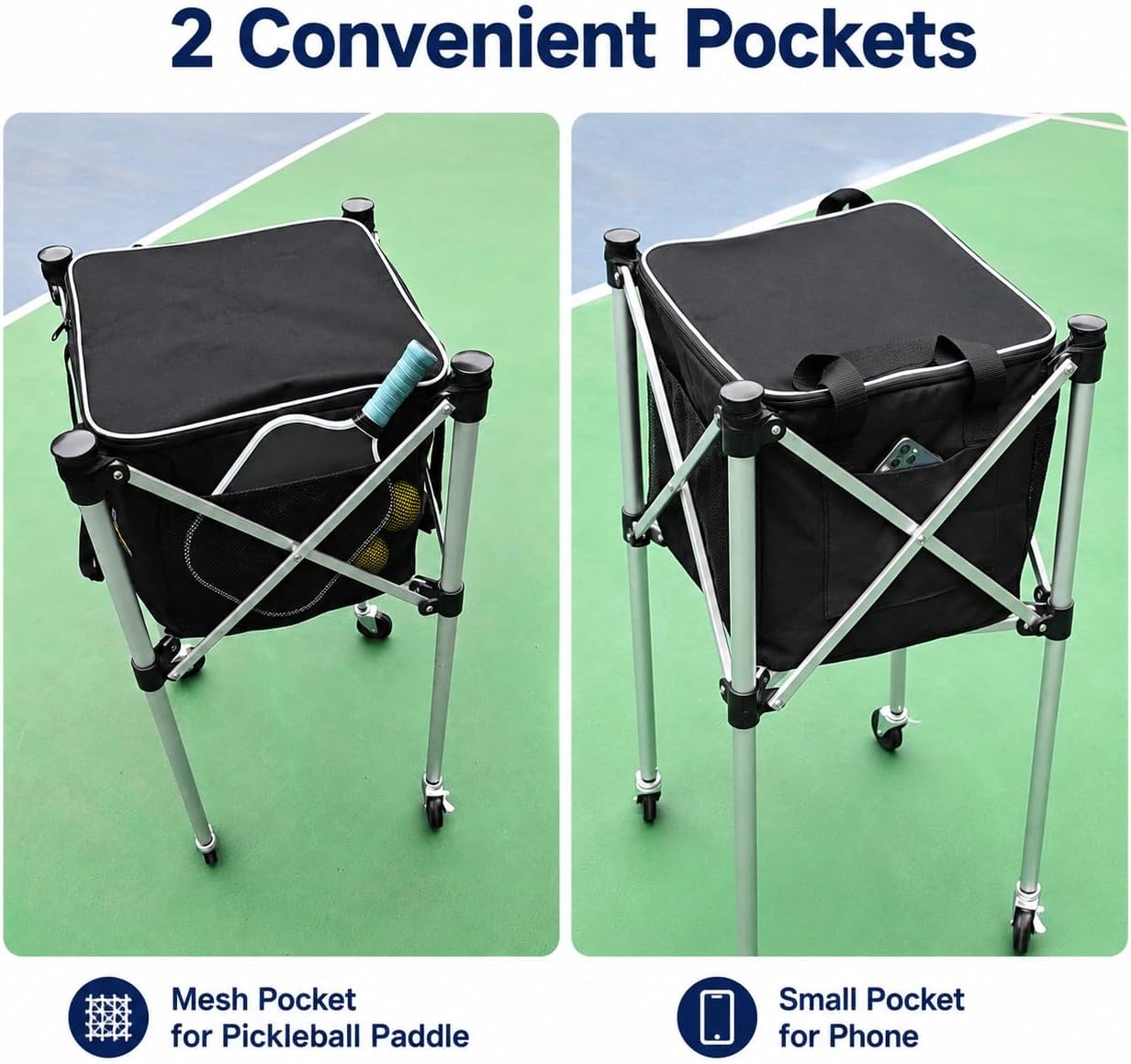 Tennis Ball Hopper for 150 Balls, Foldable Basket Cart with Lightweight Aluminum Frame, Locking Wheels, Zippered Closed-Top Bag Helps Keep Balls Cleaner, YKK Zipper, Portable Caddy for Practice