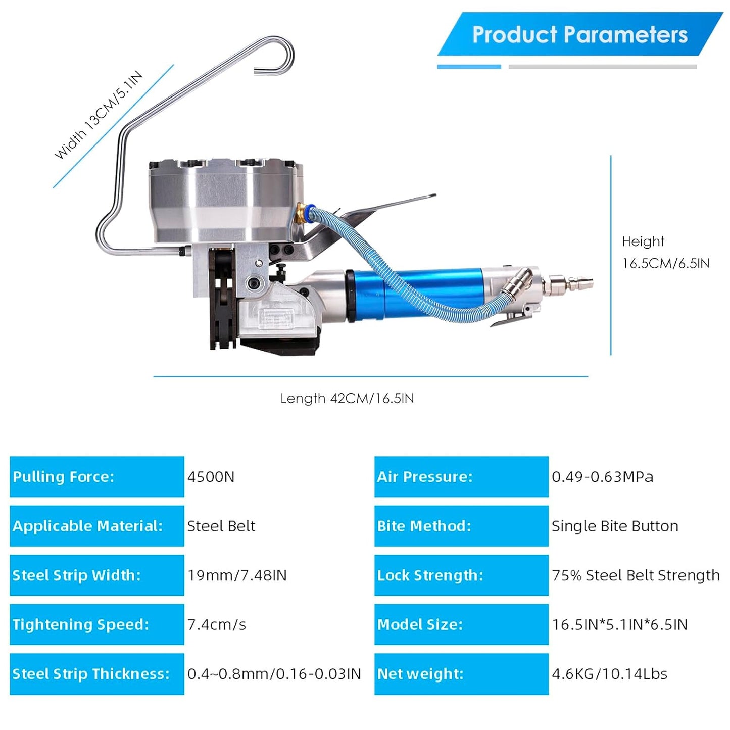 Pneumatic Steel Strapping Machine Metal Packing Banding Tool for 3/4' (19mm) Heavy Duty Sealless Bander Combination Tensioner Tools