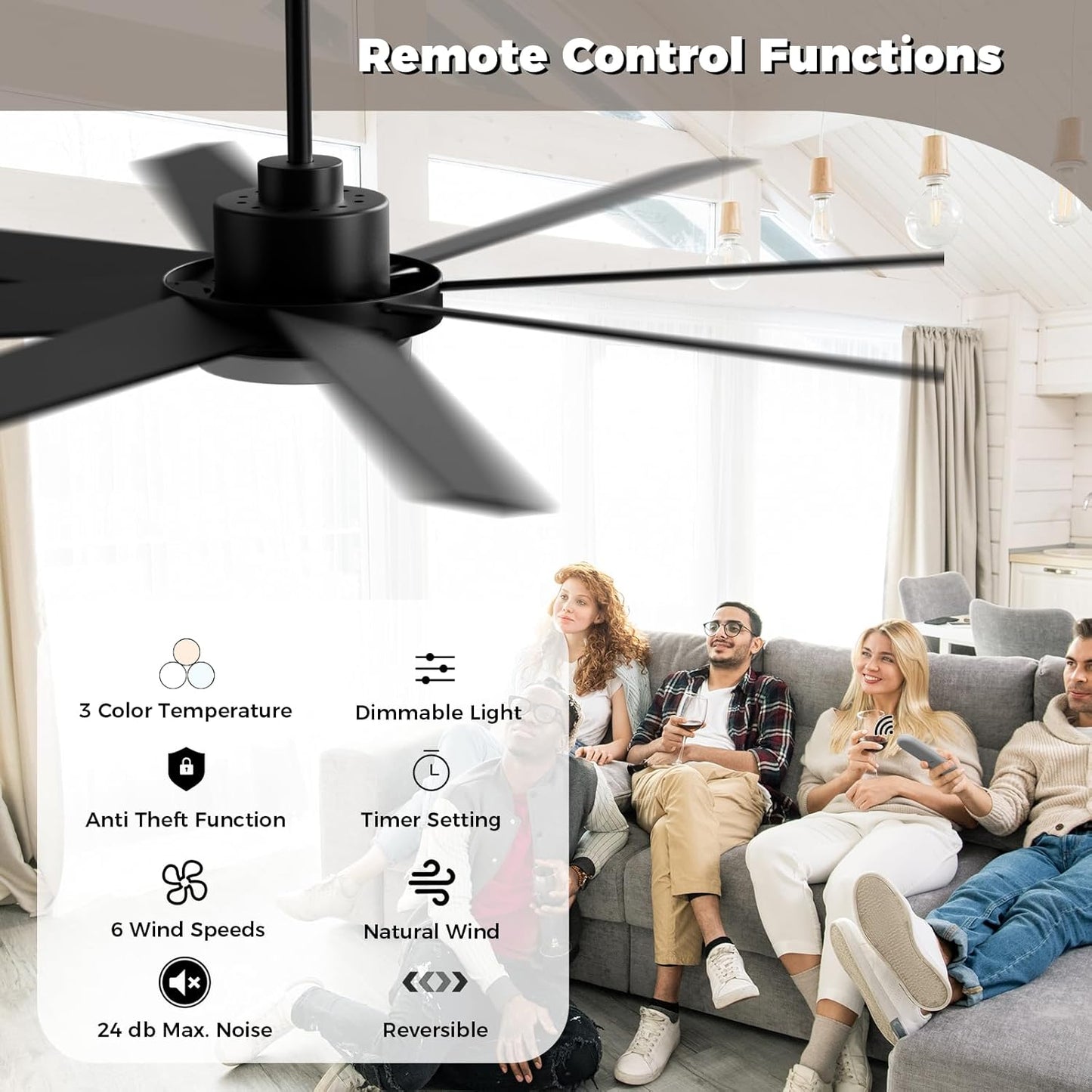 72 inch Large Ceiling Fans with Lights and Remote, Industrial Ceiling Fan Reversible Quiet DC Motor, 6 Speed 3 CCT Dimiable, Modern Ceiling Fan for