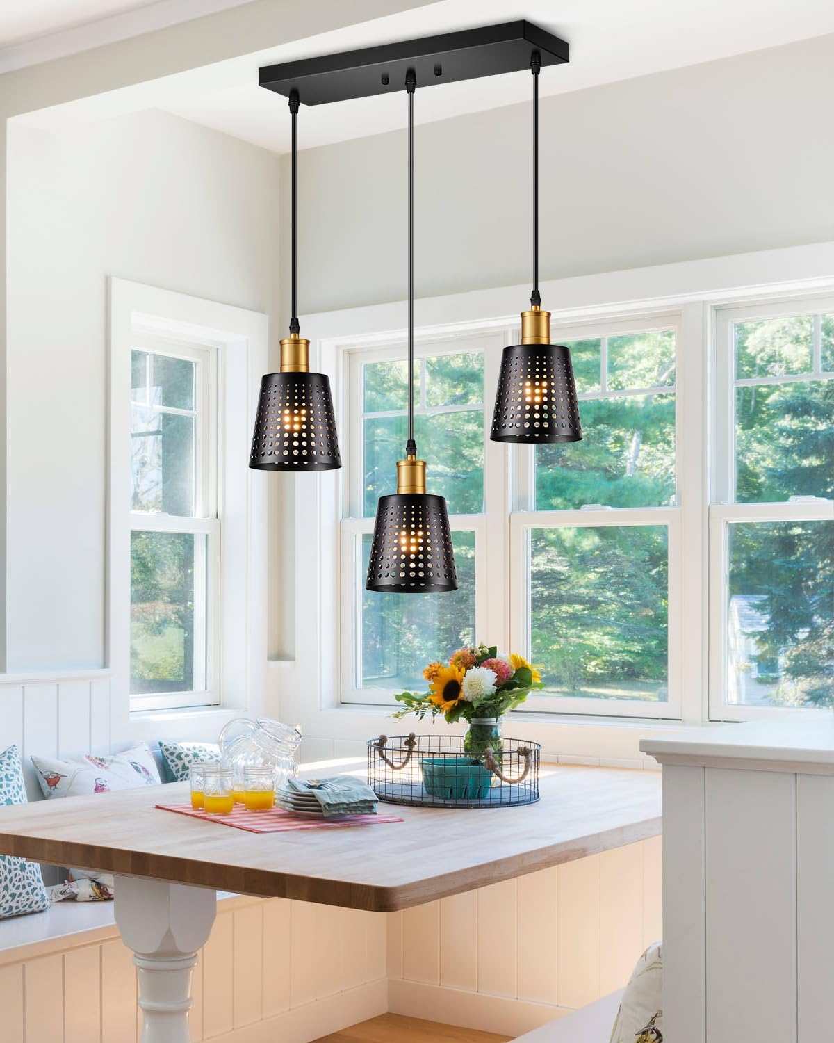 Pendant Light Fixture, Adjustable 3 Light Farmhouse Kitchen Island Hanging Light, Black Mini Industrial Farmhouse Light Fixtures, Modern Hanging