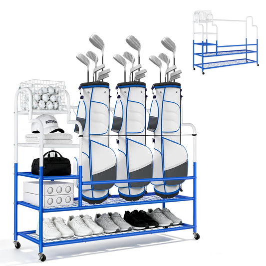 Golf Bag Storage Garage Organizer for 3 Bags, Golf Storage Rack with Wheels | 50% More Space Multi-Zone, All-In-One Compact 5-tier Upscale Sporty Heavy-Duty Rack, 4 360° Casters,Movable Basket,Golf Gifts 3 Golf Bag Rack丨50.4"(L)x15.8(W)"x44.6"(H)
