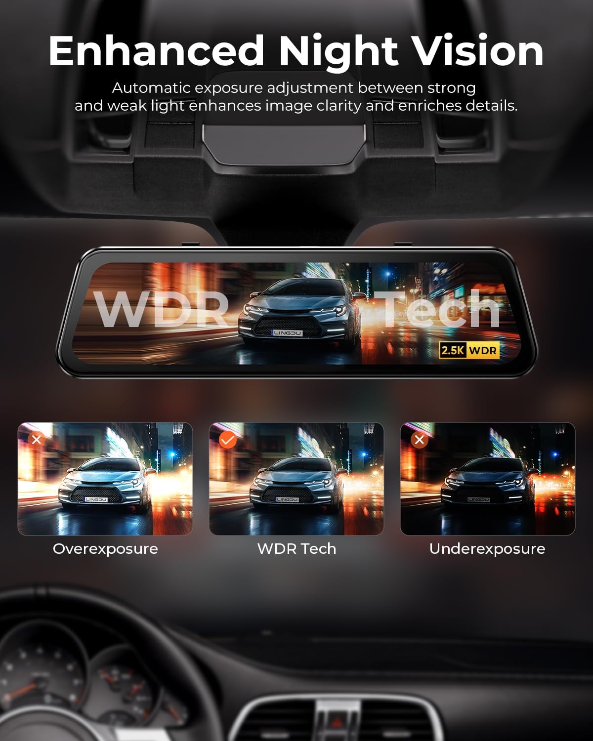 LINGDU LD2K Rear View Mirror Camera WiFi, 2.5K Mirror Dash Cam Front and Rear, 10' Full Touch Screen Rear View Mirror Backup Camera, Reverse Assist,