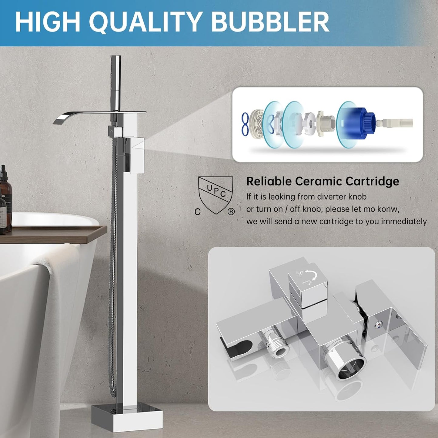 Tub Filler Freestanding Bathtub Faucet Polished Chrome Floor Mount Tub Faucet Waterfall Bathtub Filler with CUPC Certif