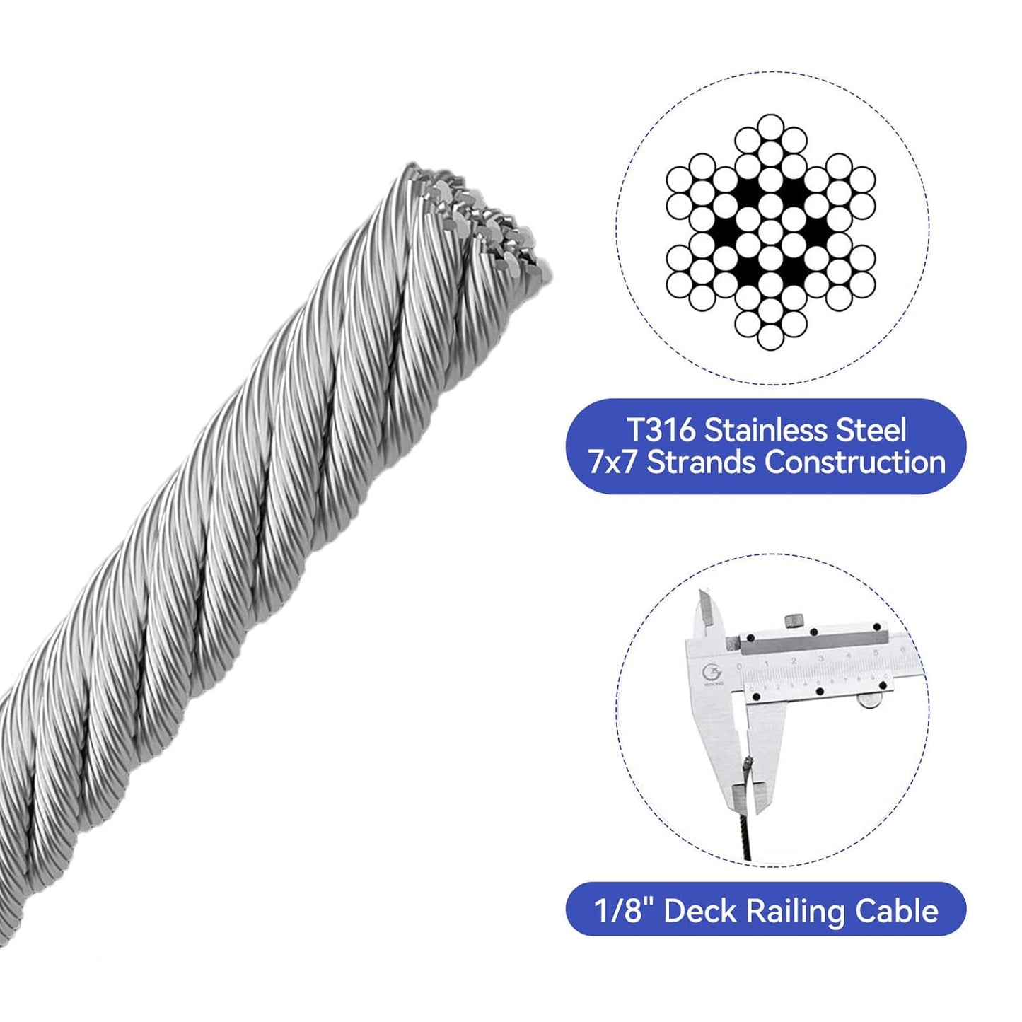 Marine Grade 1/8 Stainless Steel Cable,7x7 Strand Construction with Cutter,T316 Stainless Steel,No Rust,for Cable Railing System,150Feet (150FT,