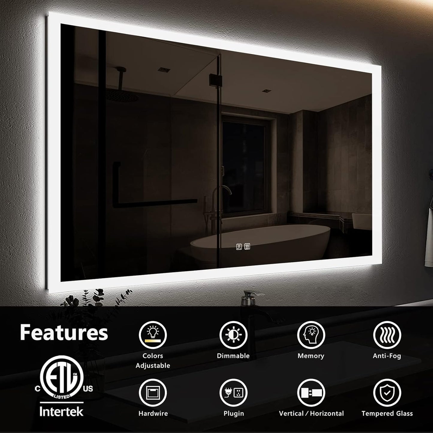 LED Bathroom Mirror with Adjustable 3-Color 40 X 24 inch Frontlit