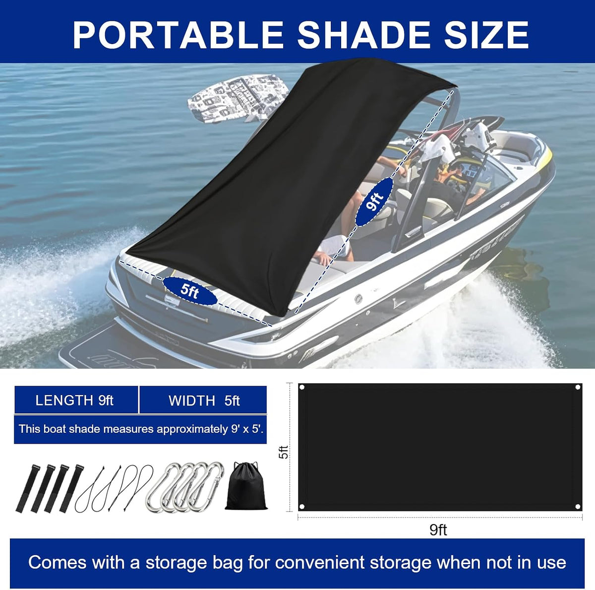 T-Top Bow Shade 9' x 5' for Boat, UTV & RV – Portable Sun Shade Extension with UV Protection, Stretchy Breathable Fabric, Universal Fit for T-Top, Bimini, Roll Bar – Includes Shock Cord & Carabiner