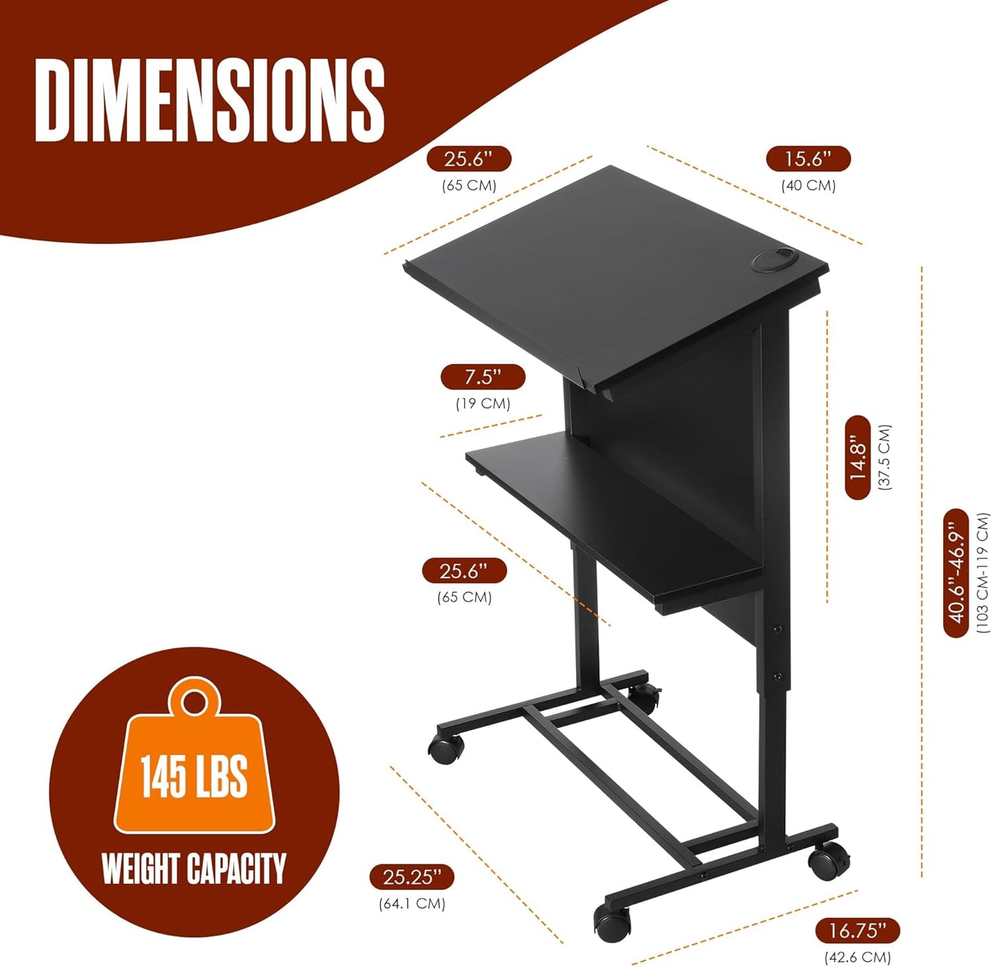 Houseables Rolling Podium Stand, Portable Podium with Wheels, 41- 47 Adjustable Height, Black, Wood, Metal, Lectern, Teacher Podium for Classroom,