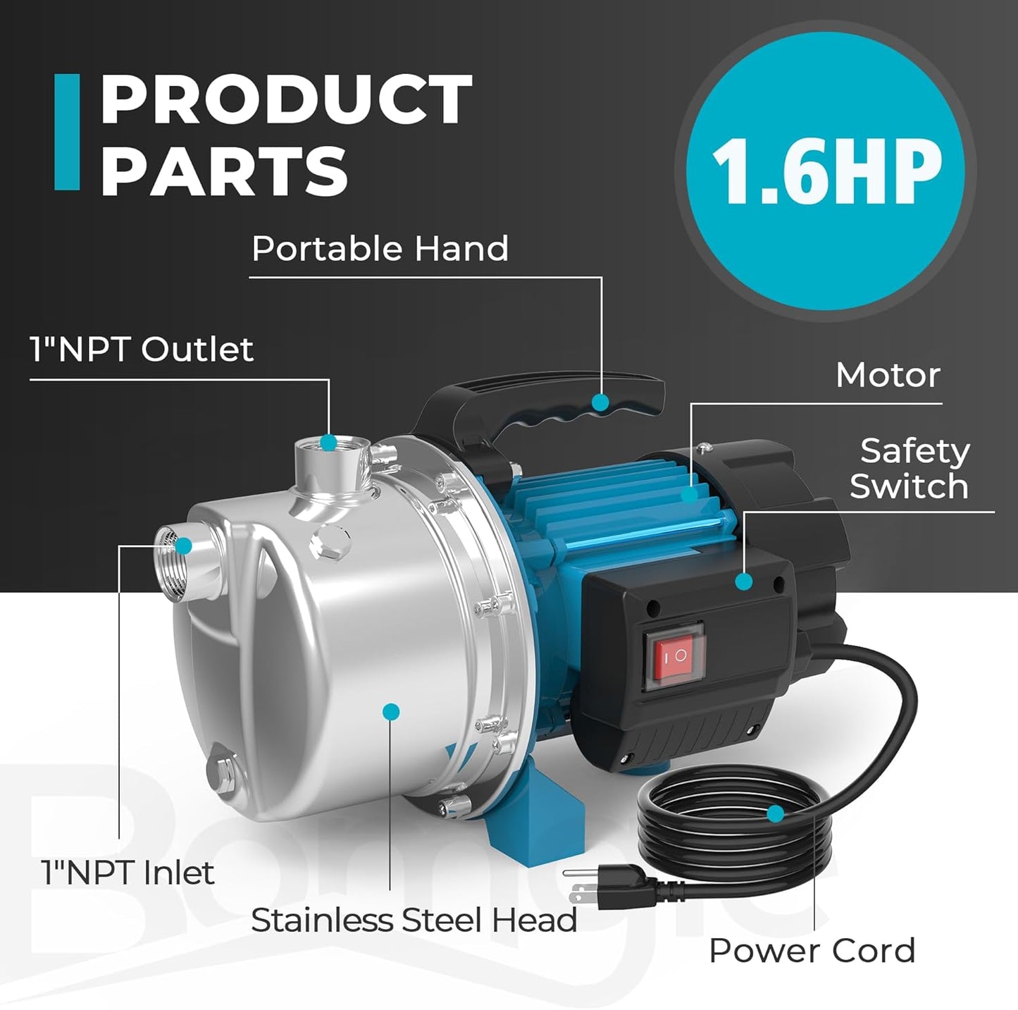 BOMGIE 1.6HP Shallow Well Pump Portable, Garden Pump 1320GPH, Stainless Steel Water Transfer Pump 110V Max. Head 164ft, Sprinkler Booster Pump for