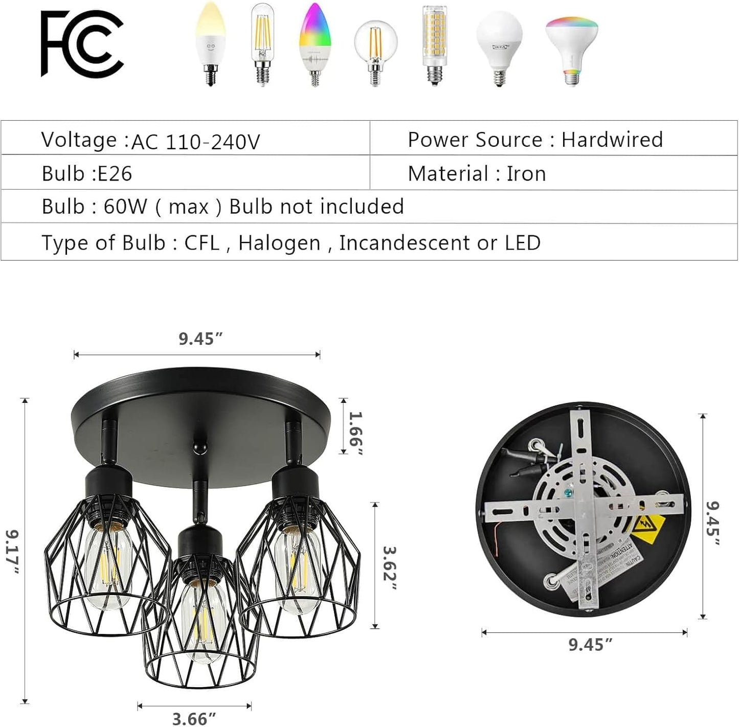 Aihanfir Kitchen Ceiling Light Fixtures Flush Mount with 3 Rotating Black Iron Lamp Shades, Hallway Light Fixtures Ceiling Mount for Farmhouse,