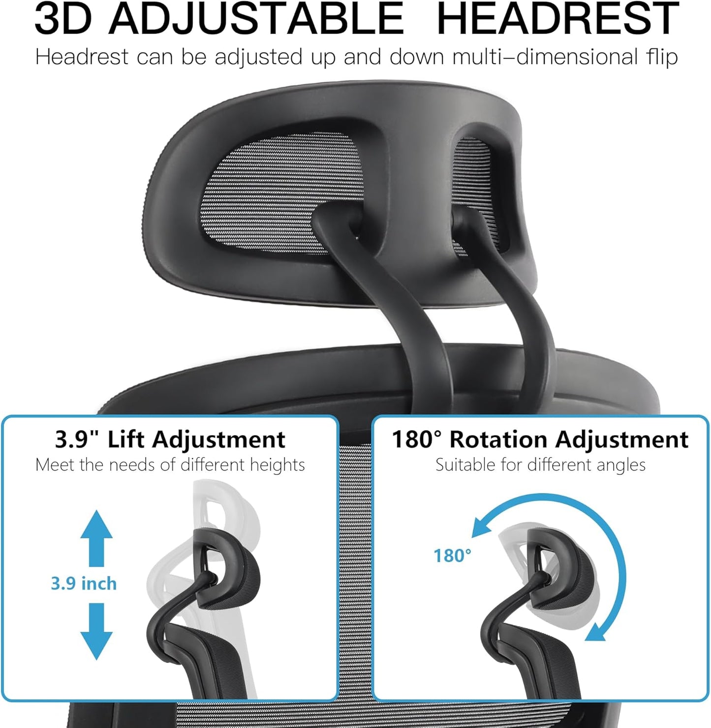 Ergonomic Office Desk Chair, High Back Mesh Chair with 3D Lumbar Support, Comfortable Computer Task Chair with Adjustable Armrest & Headrest, Wide