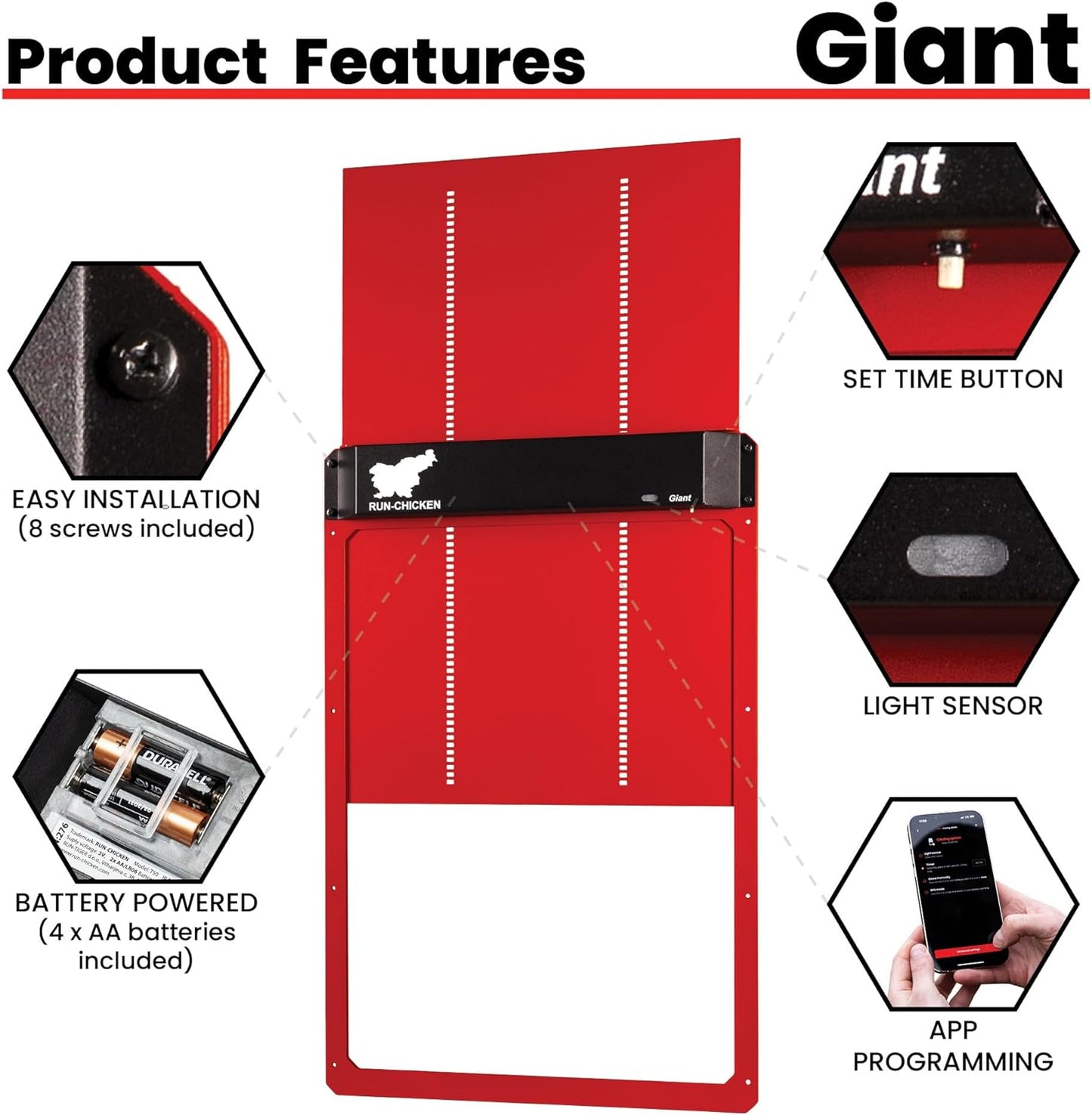 Chicken Door (Red) Giant for Large Poultry, Turkey Coop Door, Battery Powered, Large Size Automatic Coop Door, Full Aluminum Automatic Chicken Door