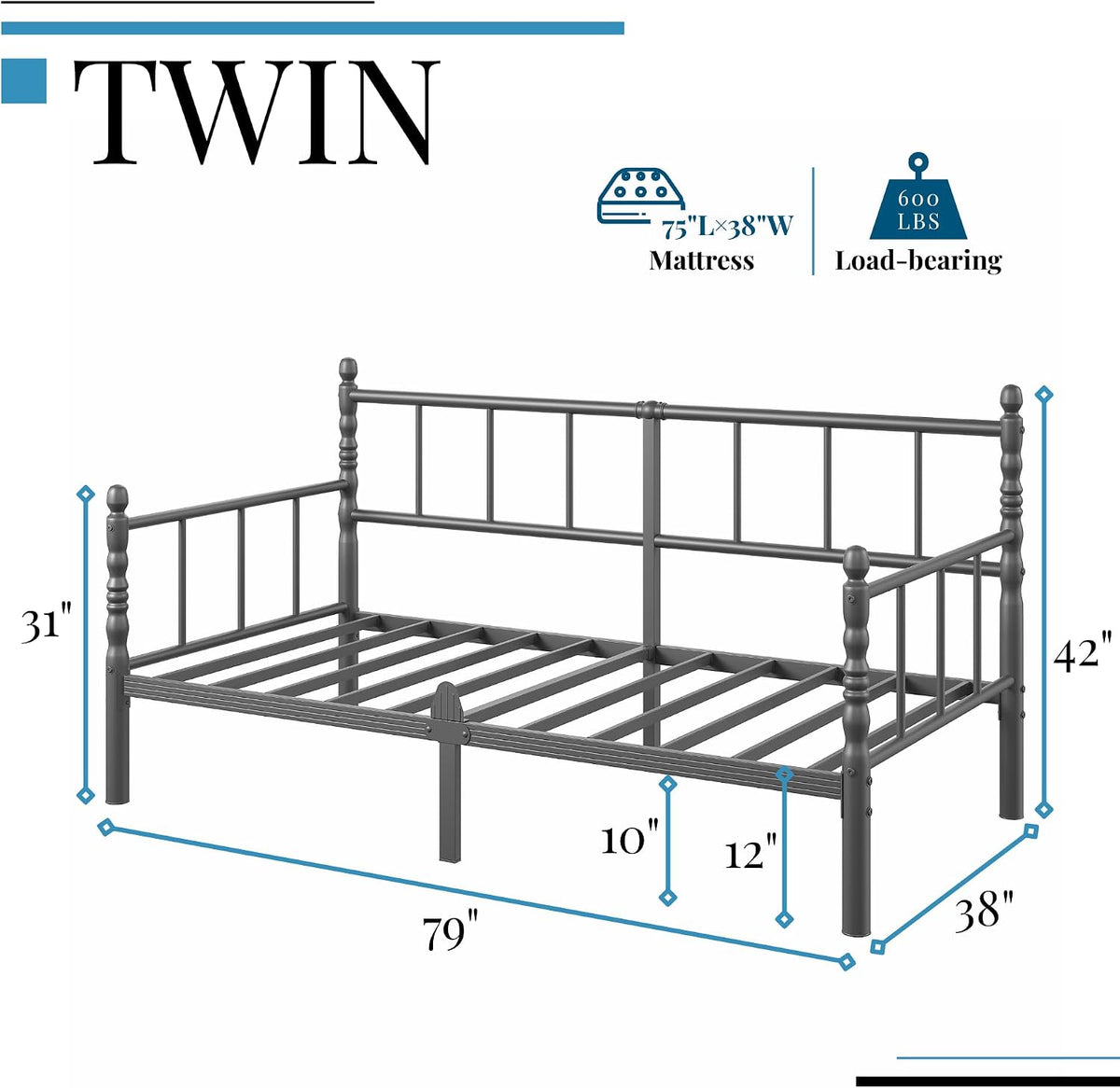 12 Inch Black Modern Twin Daybed Frame with Heavy Duty Metal Slats