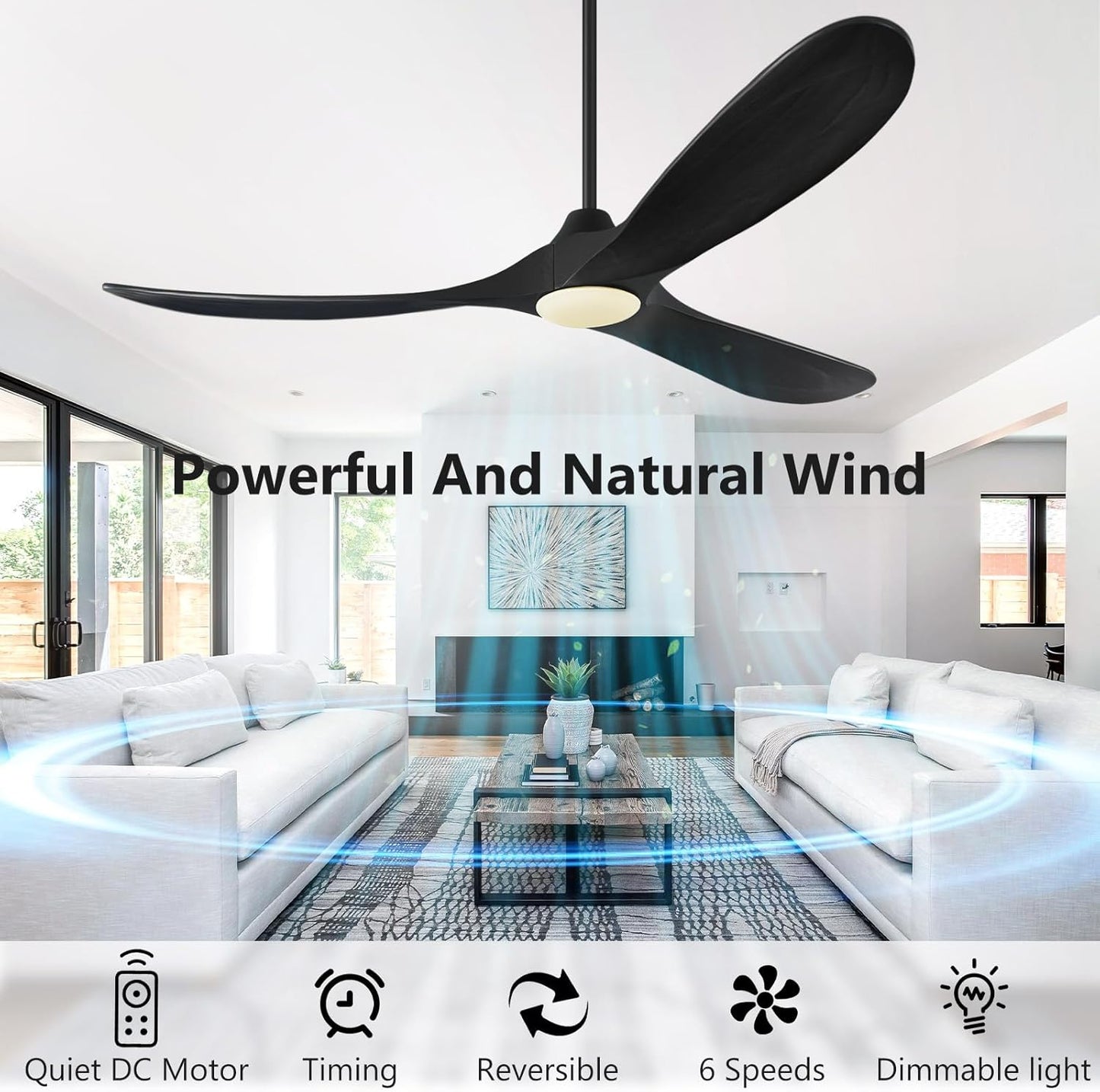 ABZ Ceiling Fans with Lights - 60 inch Propeller Ceiling Fan with Remote Control, 3 Blades Black Solid Wood Ceiling Fan for Indoor Outdoor Patio