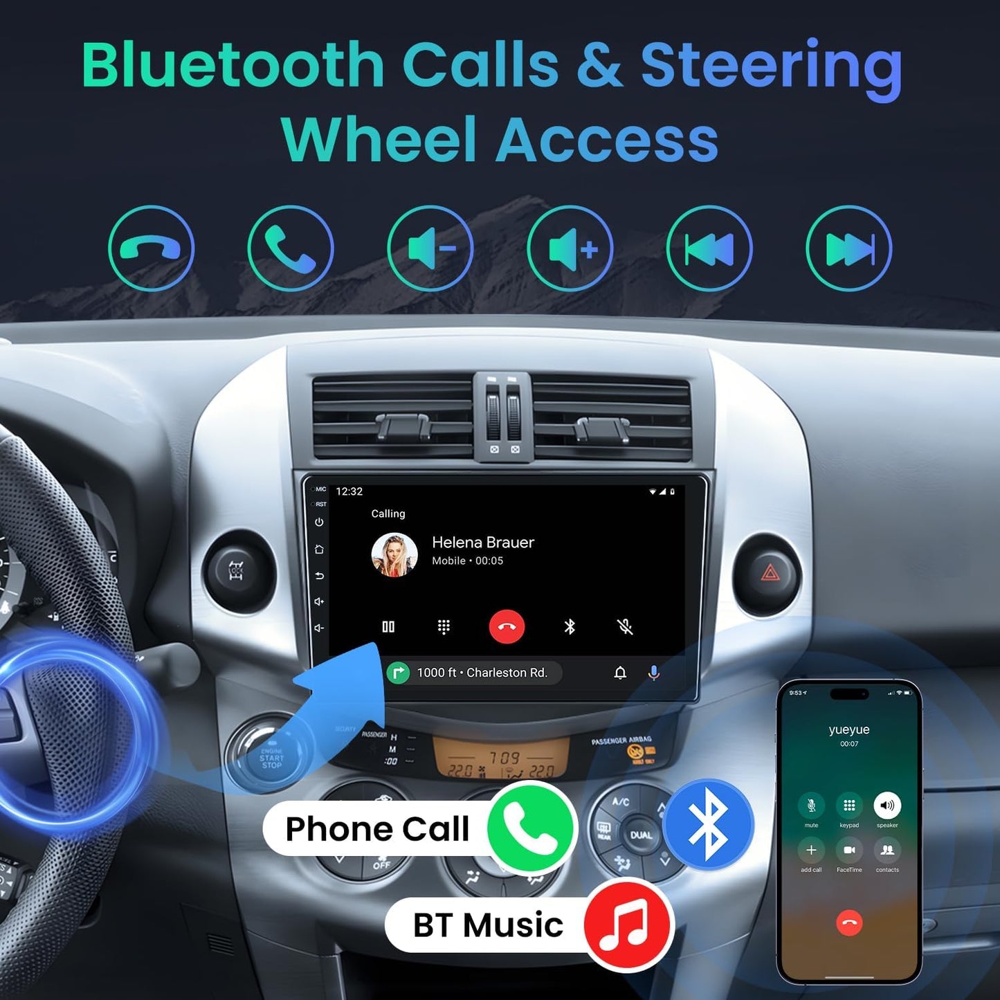 for Toyota RAV4 Radio 2007-2012: 9 Inch 1280 * 800 HD Touch Screen Stereo with Wireless Carplay Android Auto Upgrade 5G WiFi Bluetooth GPS SWC FM SWC Backup Camera