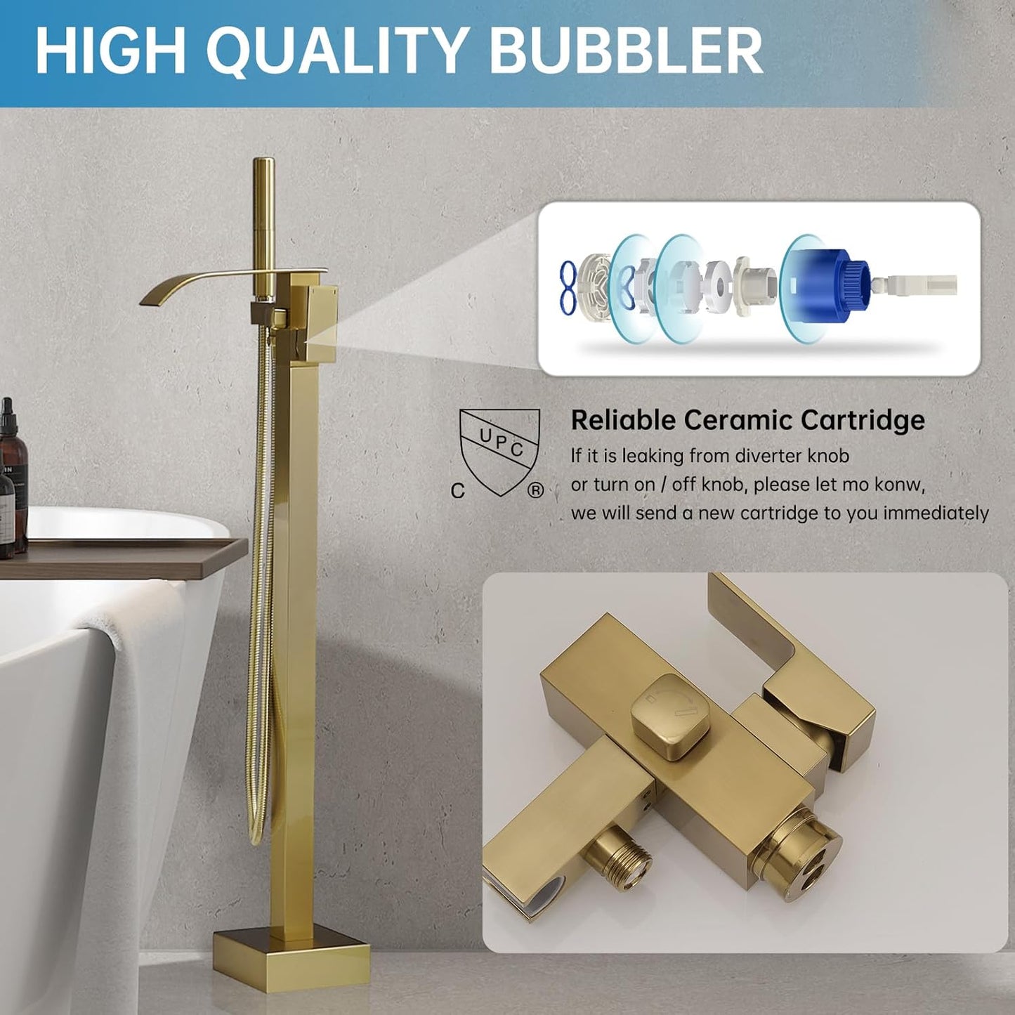 Tub Filler Freestanding Bathtub Faucet Brushed Gold Floor Mount Tub Faucet Waterfall Bathtub Filler with CUPC Certified High Flow Brass Bath Shower Fa